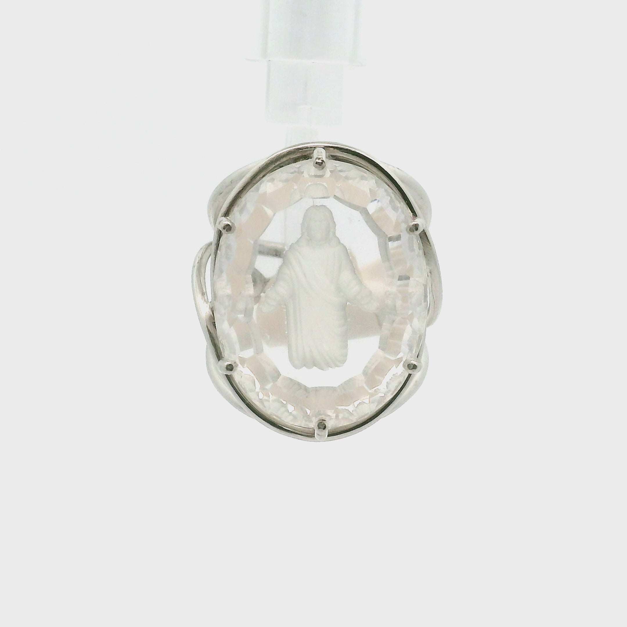 Clear Quartz with Engraved Jesus Cuff Ring .925 Silver for Protection and Manifestation