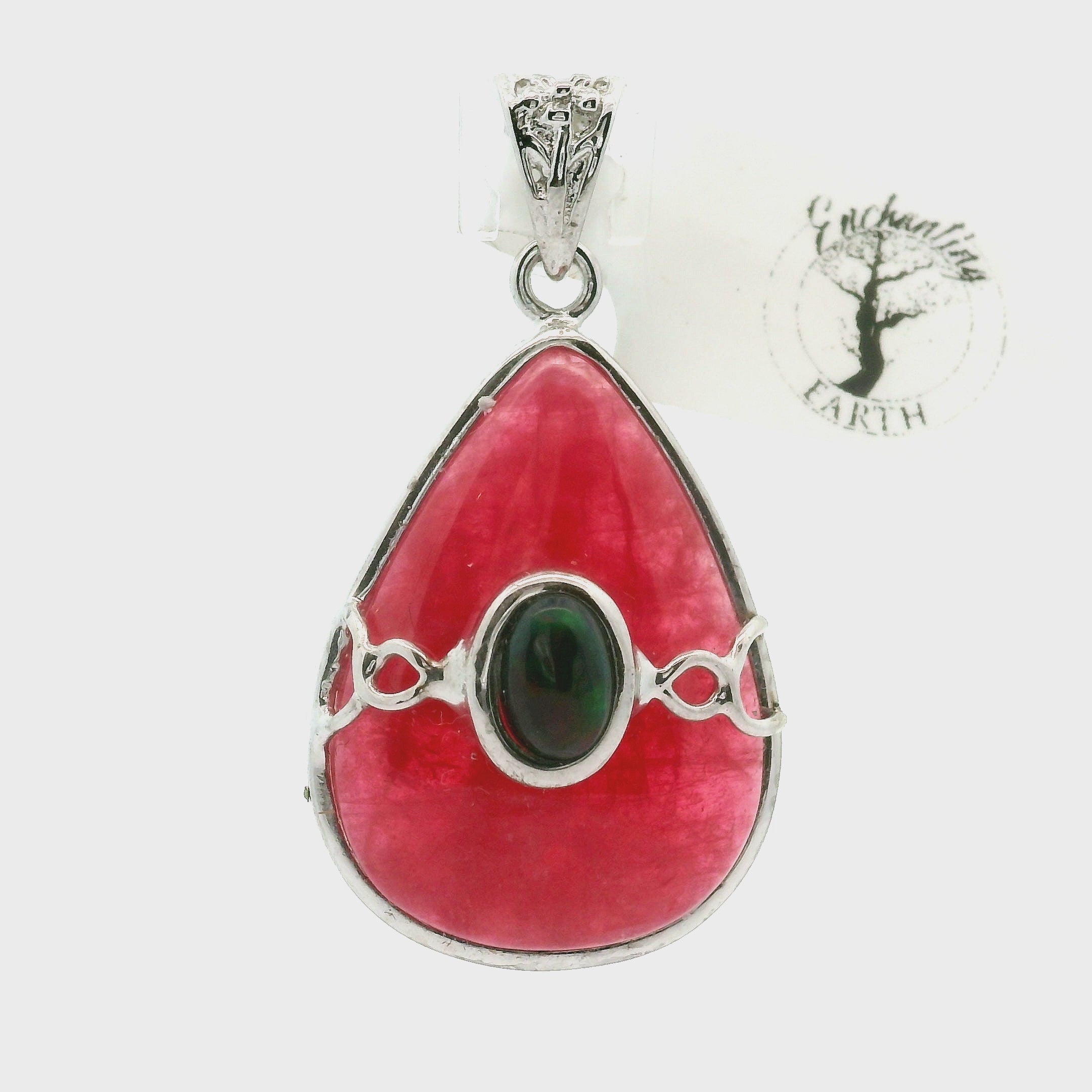 Rhodonite  with Black Opal Pendant .925 Sterling Silver for Attracting Love, Harmonizing Relationships and Knowing your Worth