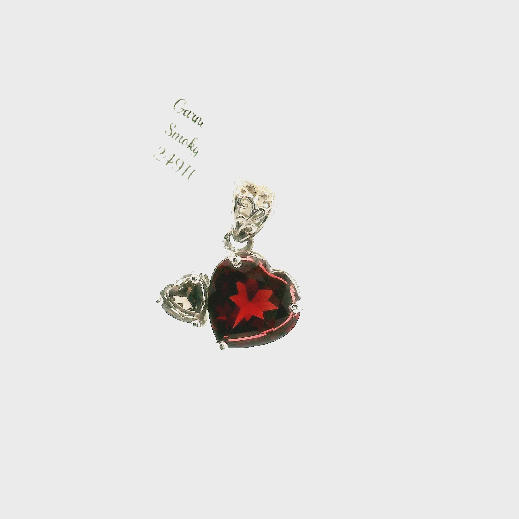 Garnet & Smoky Heart Pendant .925 Silver for Health and Strength