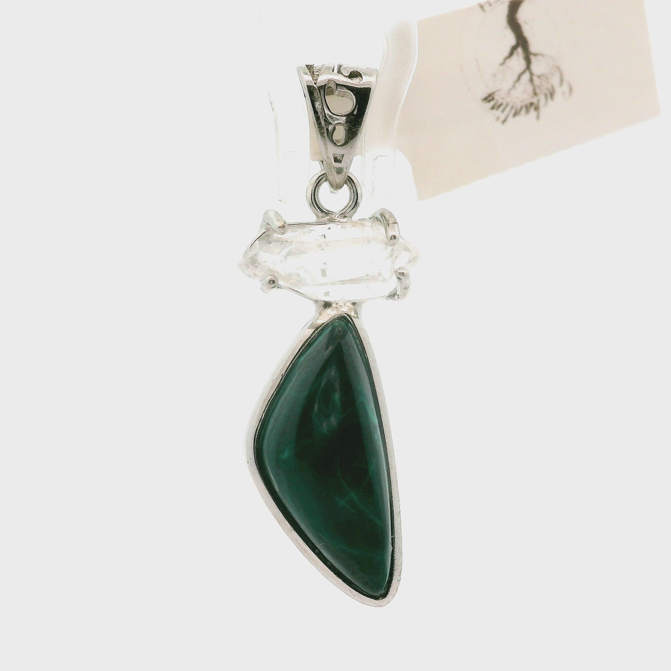 Malachola with Herkimer Diamond Pendant .925 Silver for Abundance, Protection and Transformation