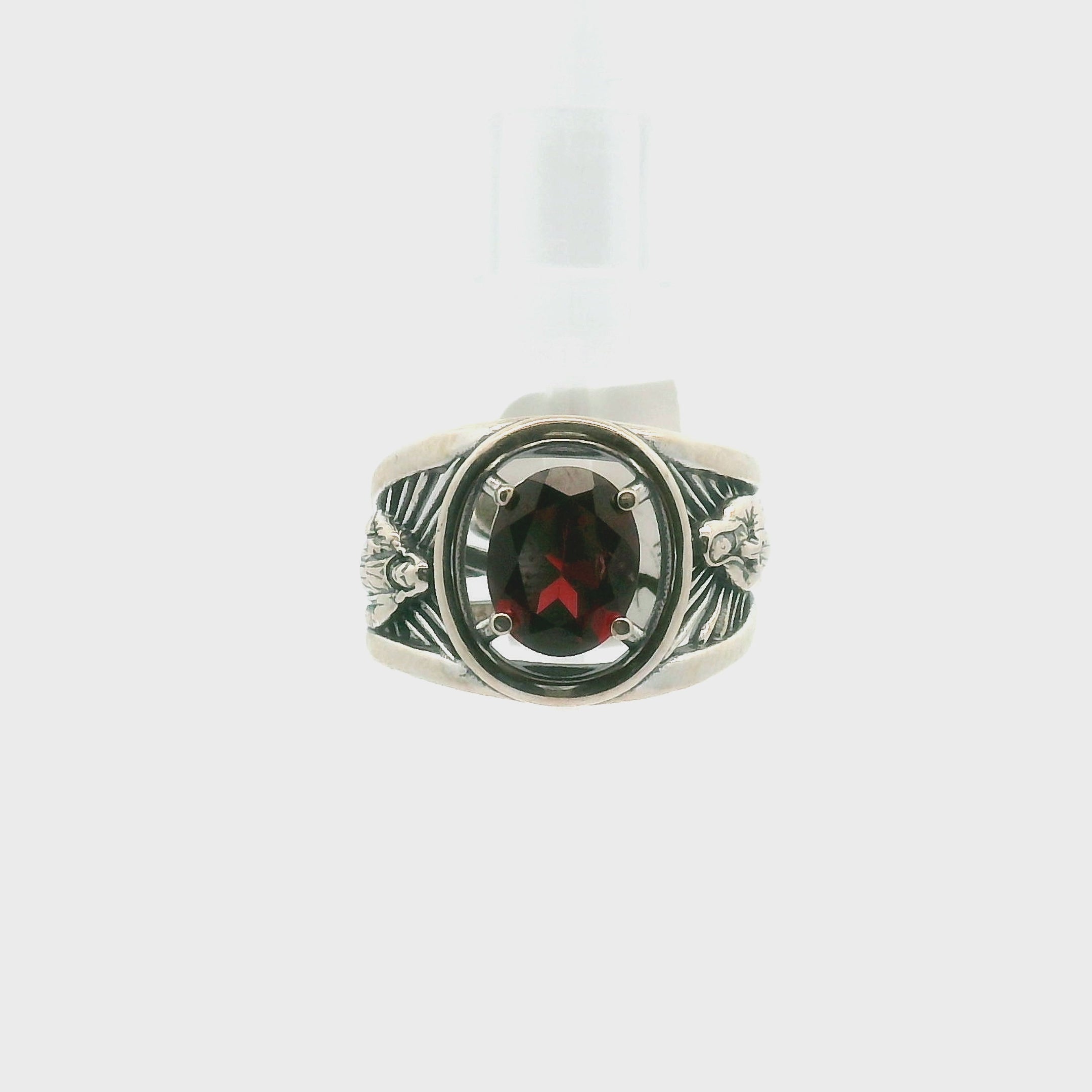 Garnet Mother Mary and Jesus Cuff Ring .925 Silver for Health, Protection, and Strength