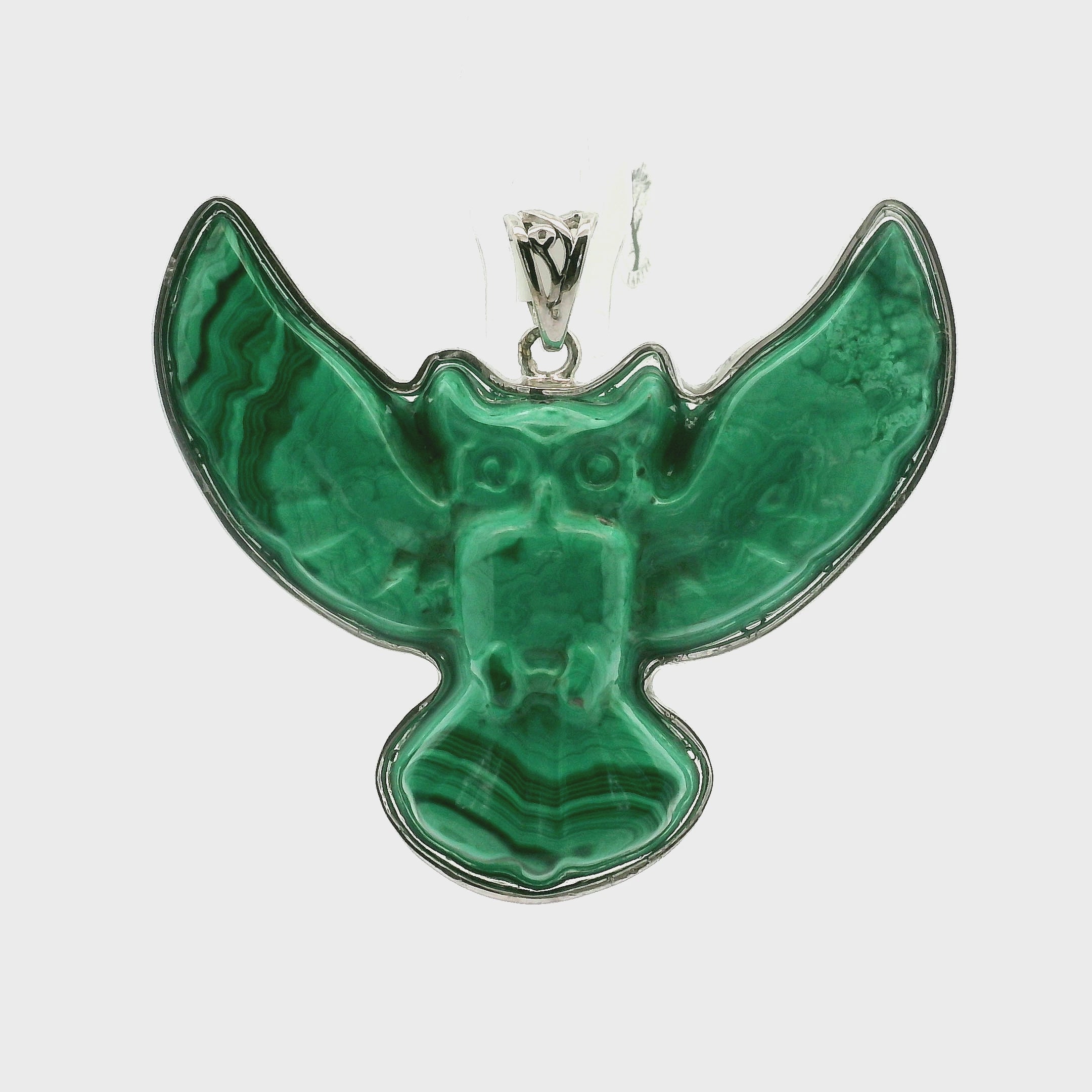 Malachite Carved Owl Pendant .925 Silver for Heightened Intuition, Deep Wisdom and Transformation