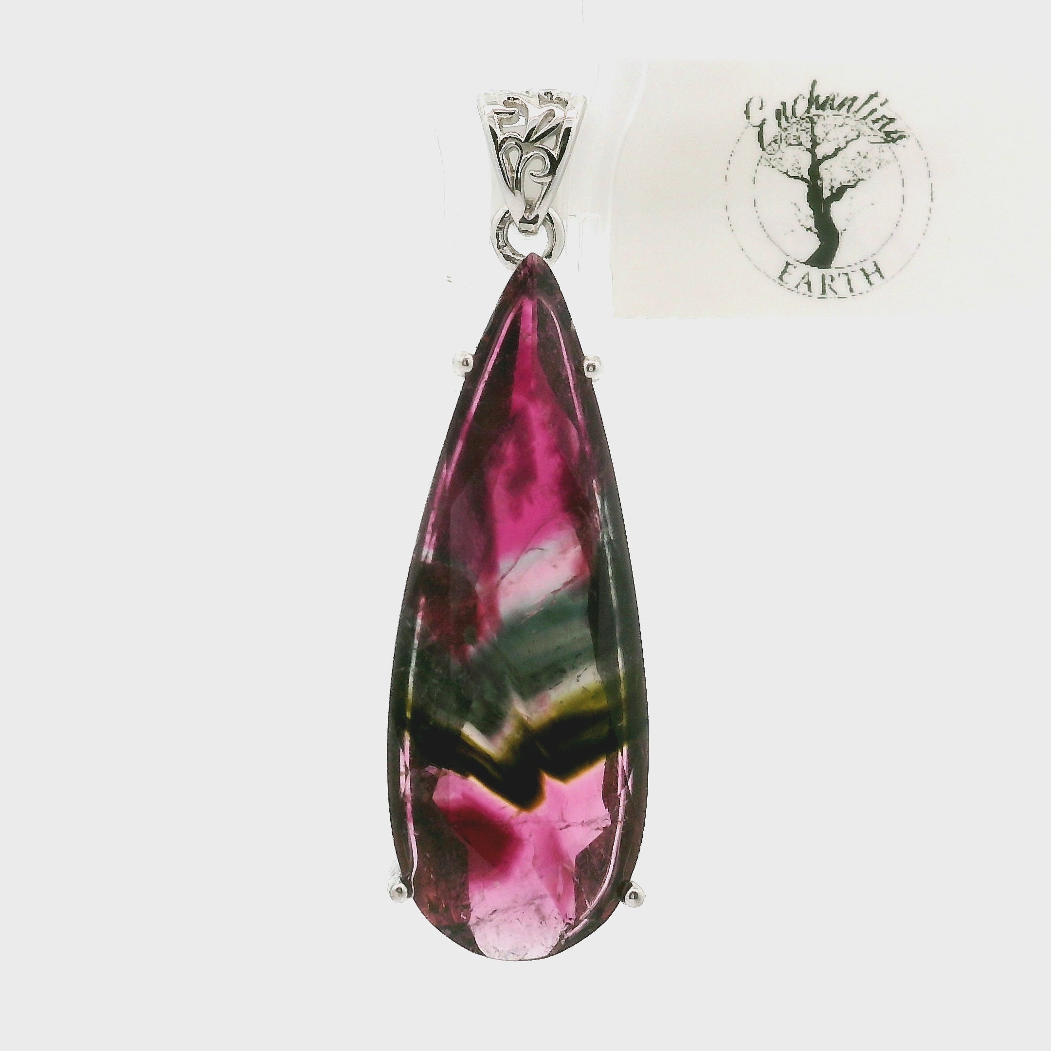 Phantom Watermelon Teardrop Tourmaline Pendant .925 Silver for Profound Compassion and Self-Love
