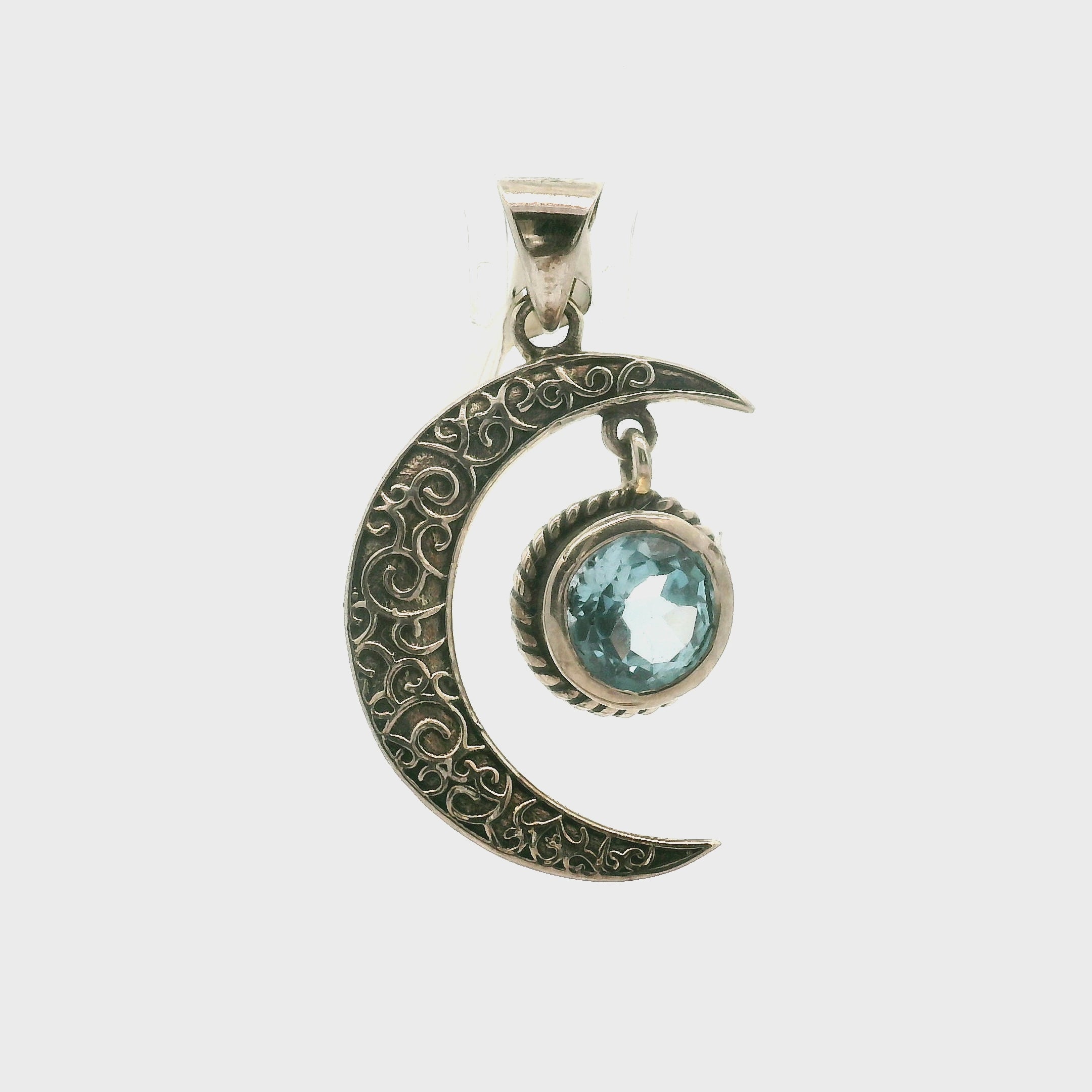 Moon Crescent Aquamarine Pendant .925 Sterling Silver for Personal Power and Intuition