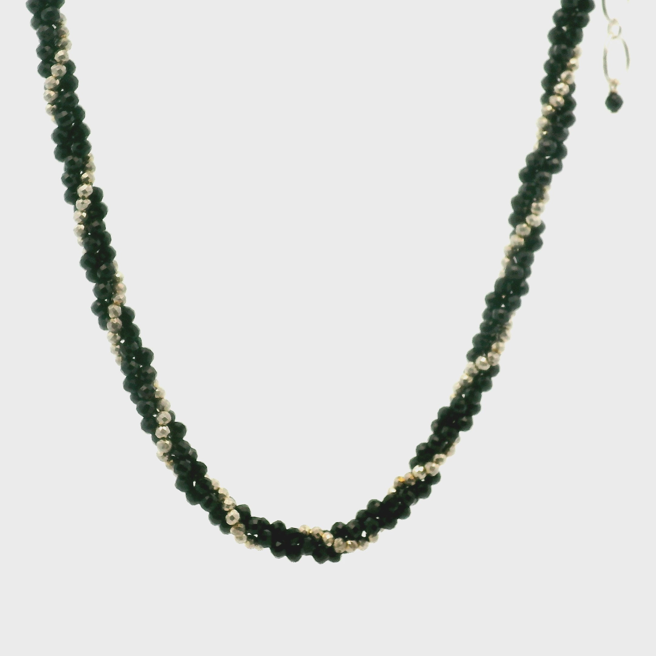 Pyrite & Black Tourmaline Braided Micro Faceted Necklace 925 Silver for Grounding and Protection