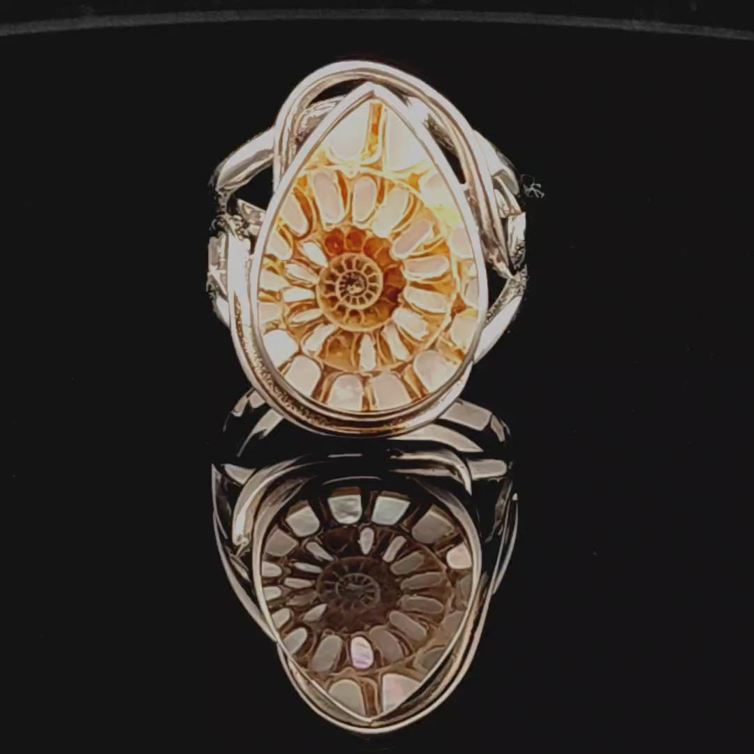 Ammonite with Mother of Pearl Inlay Finger Cuff Adjustable Ring .925 Silver for Calming Emotions, Peace and Protection
