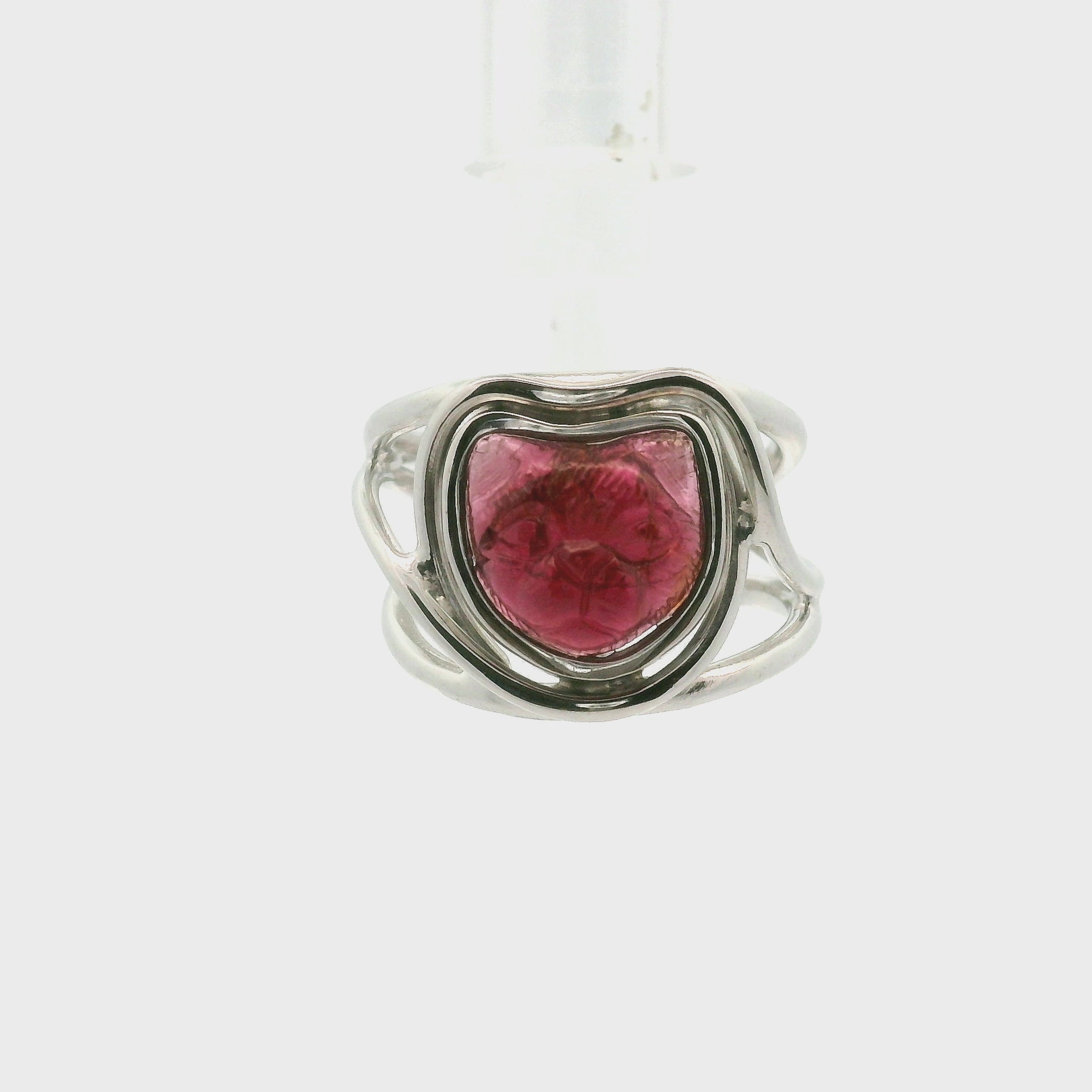 Garnet Carved Feline Cuff Ring .925 Silver for Intuition, Energetic Protection and Connection to Mystery