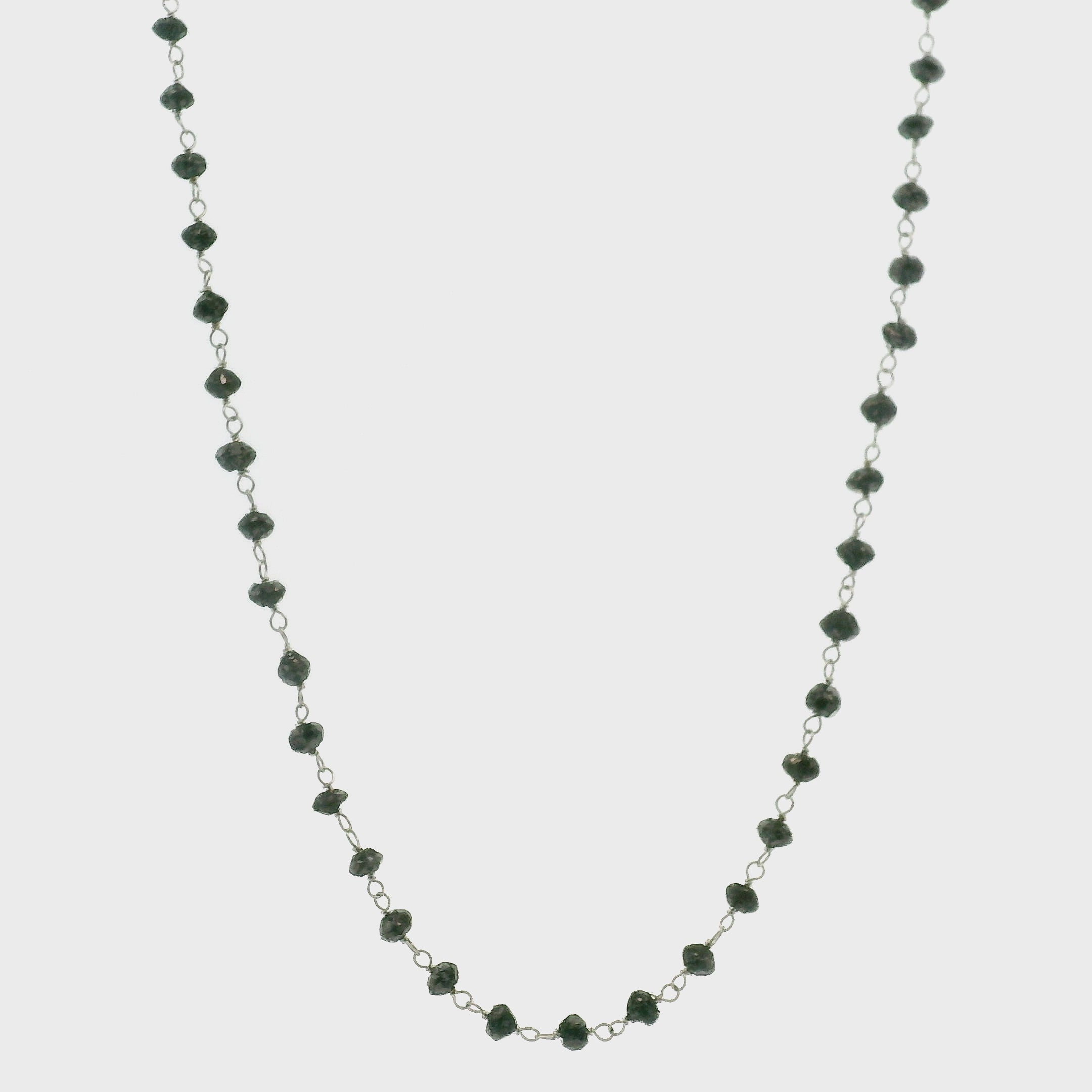 Black Diamond Rosary Beaded Chain Necklace 14K White Gold for Prosperity and Personal Power