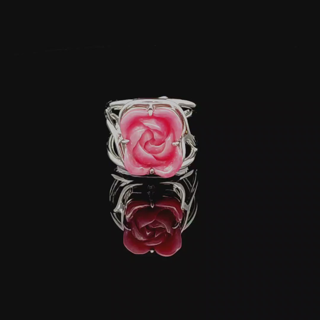 Rhodonite Flower Finger Cuff Adjustable Ring .925 Sterling Silver for Attracting Love, Harmonizing Relationships and Knowing your Worth