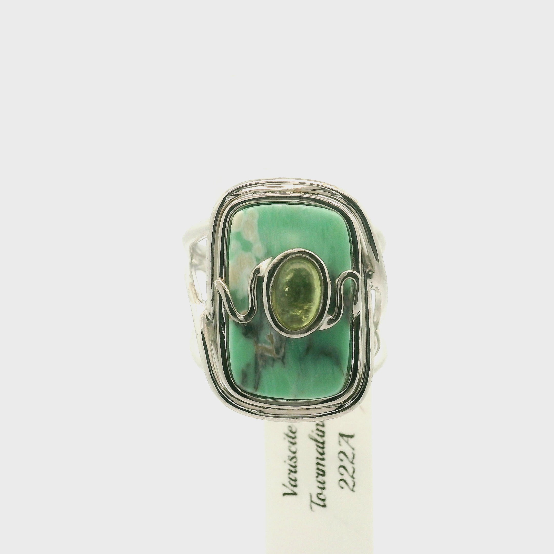 Variscite & Tourmaline Cuff Ring .925 Silver for Emotional Healing, Joy, Love and Prosperity
