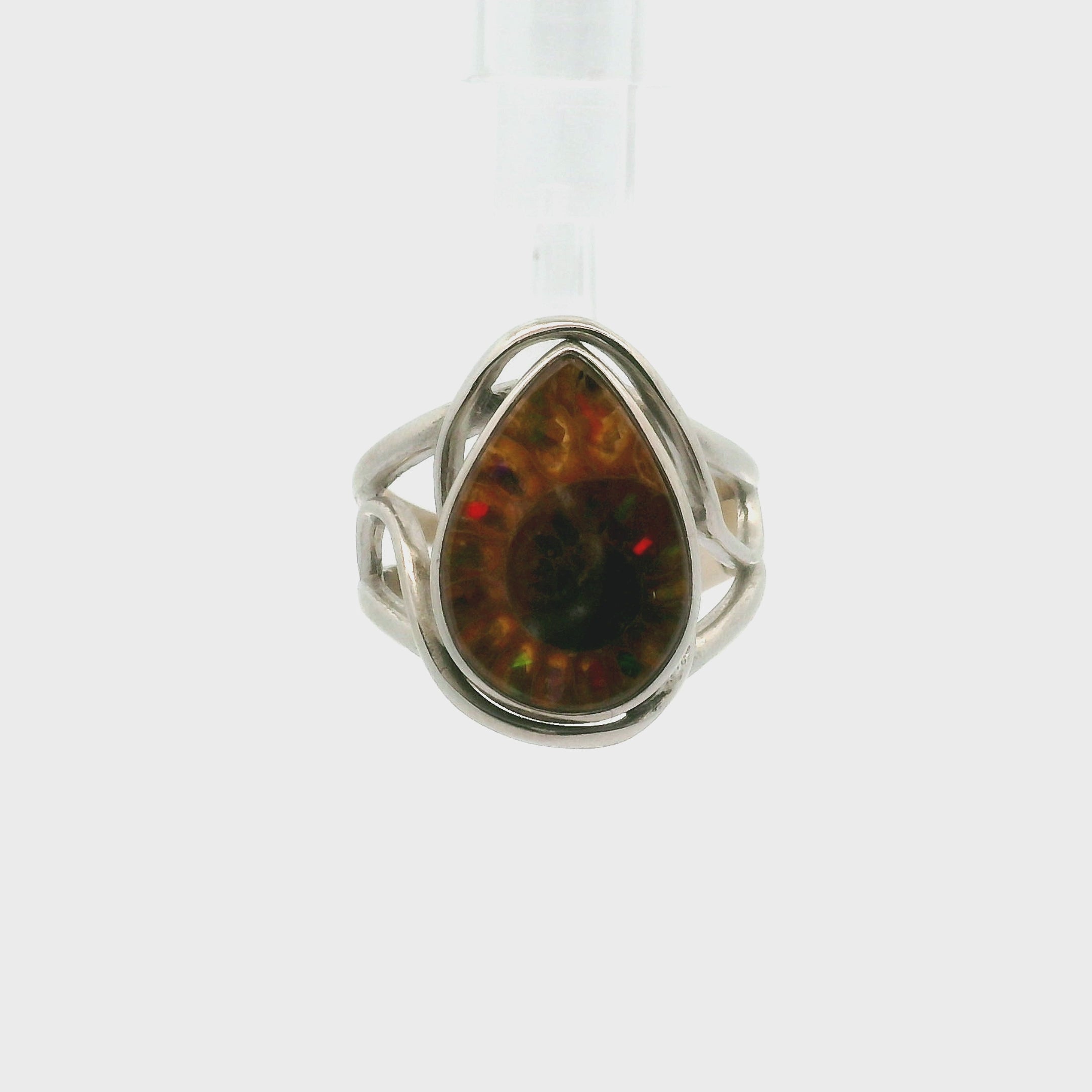 Ammonite with Ammolite Inlay Cuff Ring .925 Silver for Good Luck, Prosperity and Protection