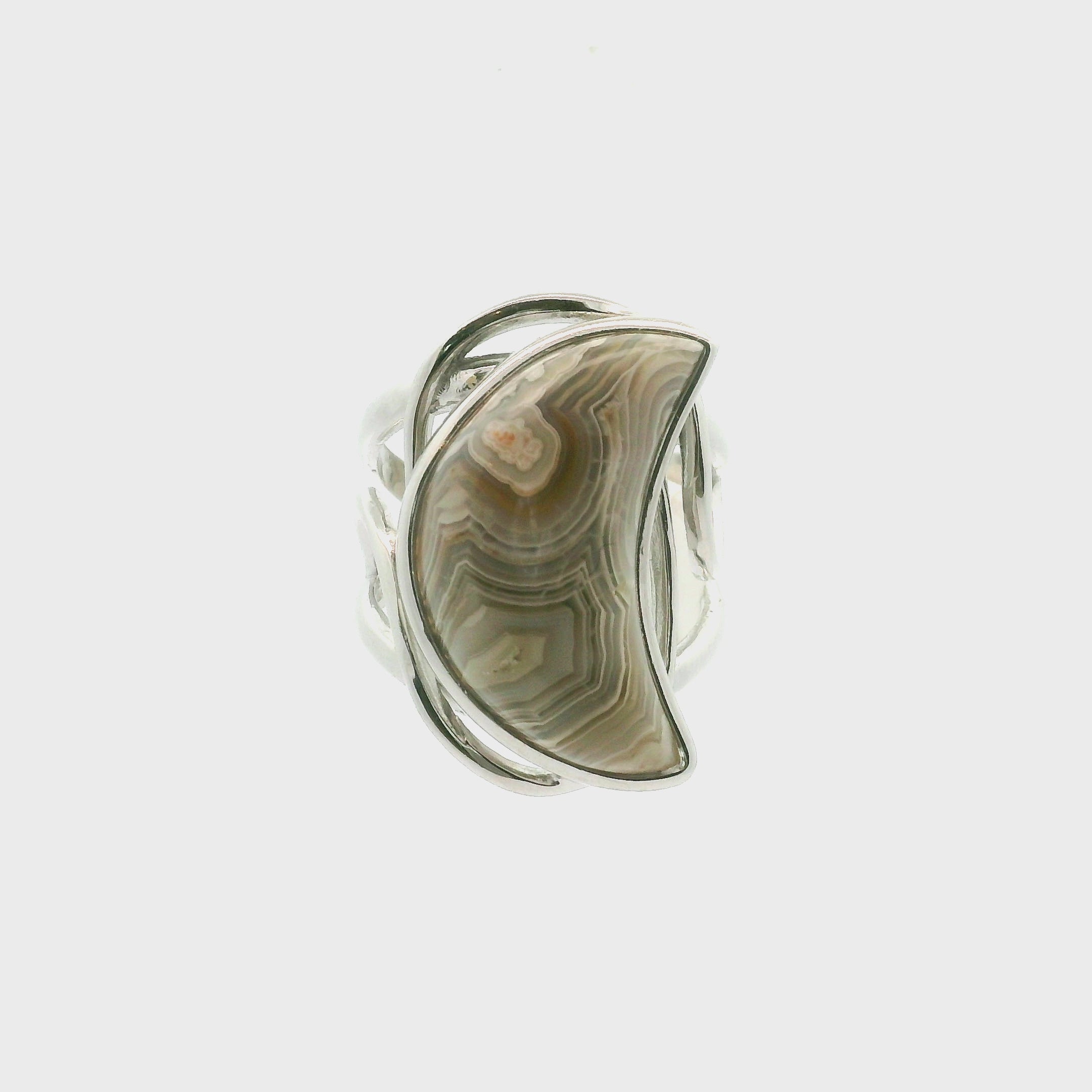 Grey Crazy Lace Agate Moon Cuff Ring in .925 Silver for Promoting Creativity, Hope, New Ideas & Positivity