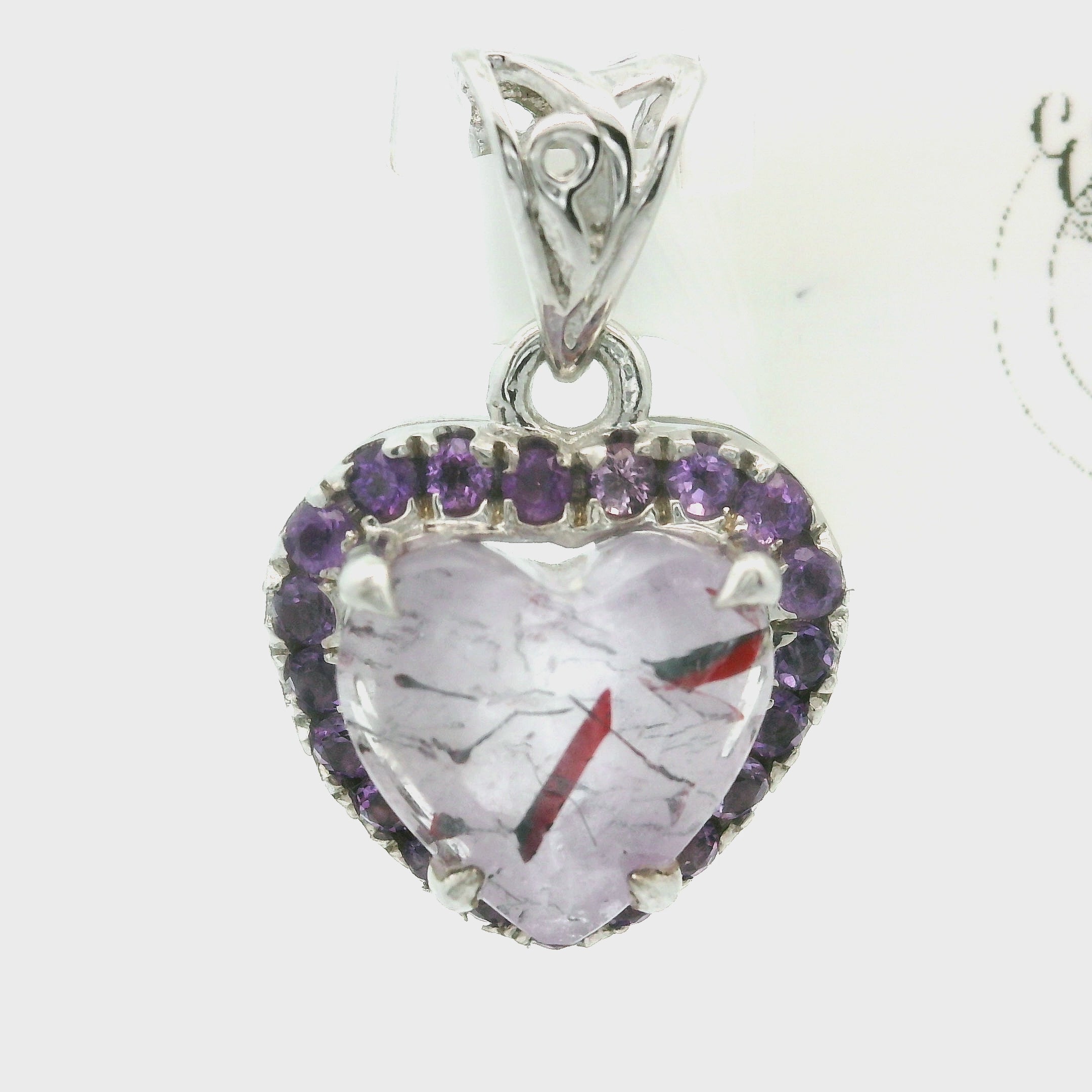 Super 7 Heart with Amethyst Pavé Pendant .925 Silver for Creating Your Dream Life, Clarity and Angelic Guidance