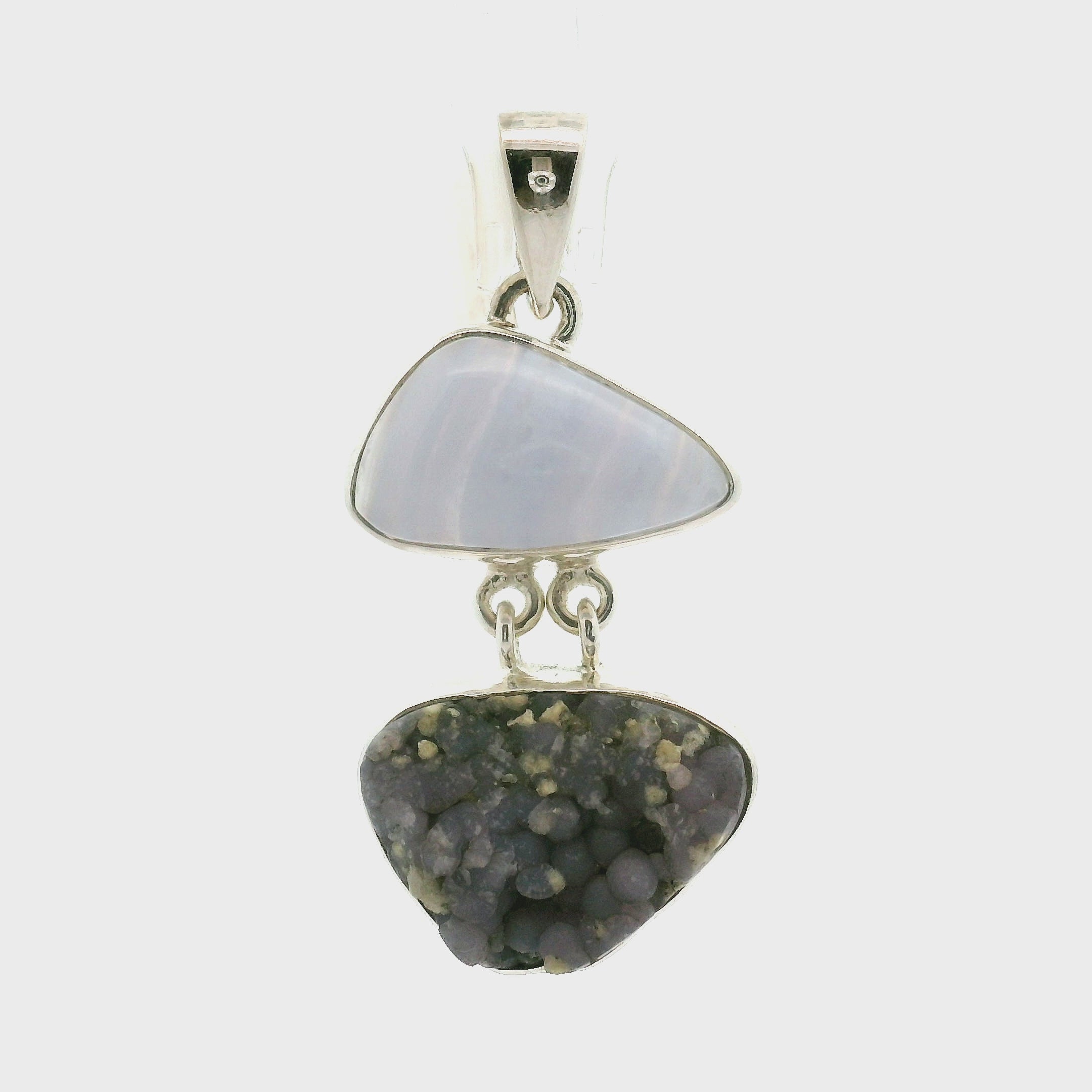 Blue Lace Agate and Grape Agate Druzy Pendant .925 Silver for Loving and Honest Communication
