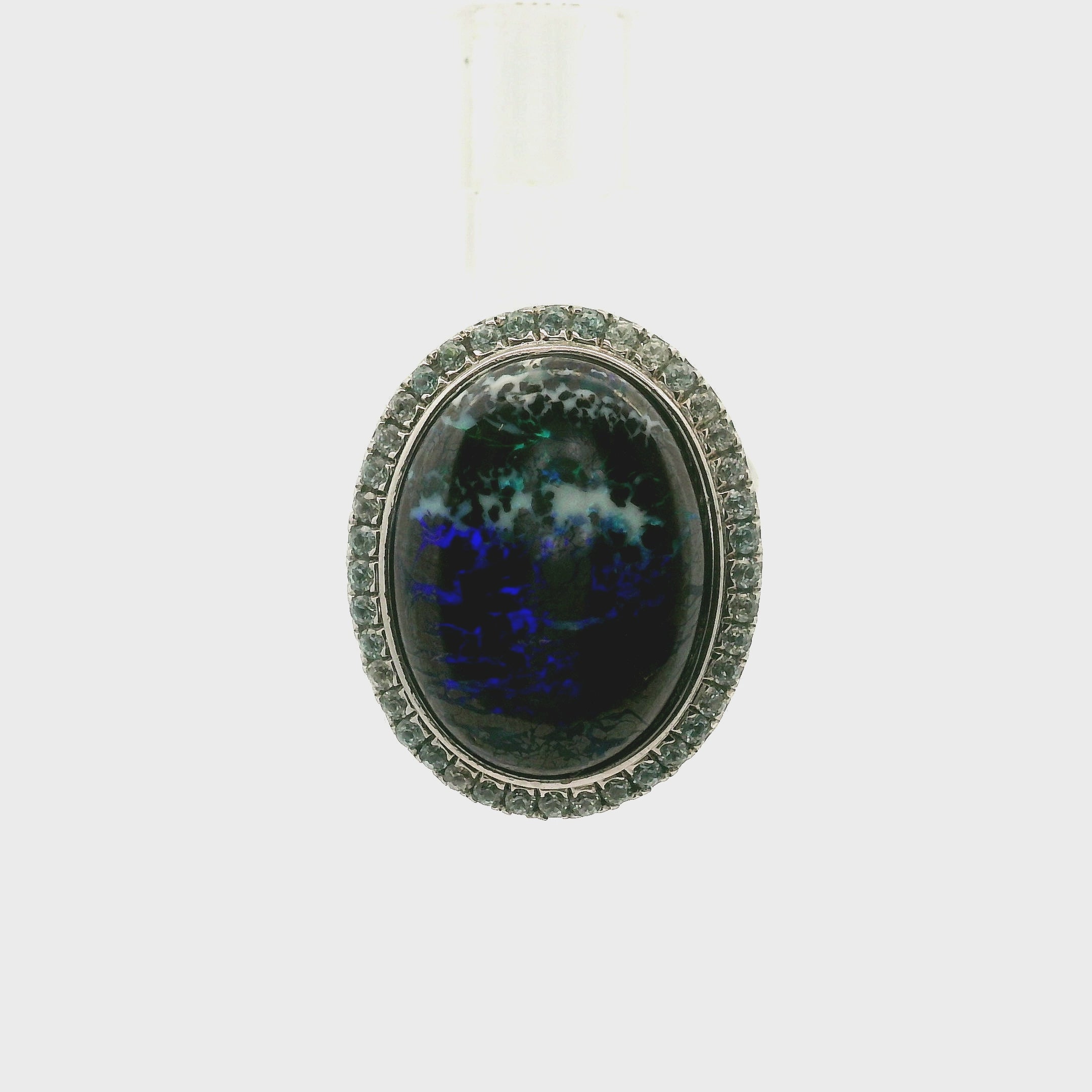 Boulder Opal with Blue Zircon Pavé Cuff Ring .925 Sterling Silver for Emotional Support, Joy and Self Worth