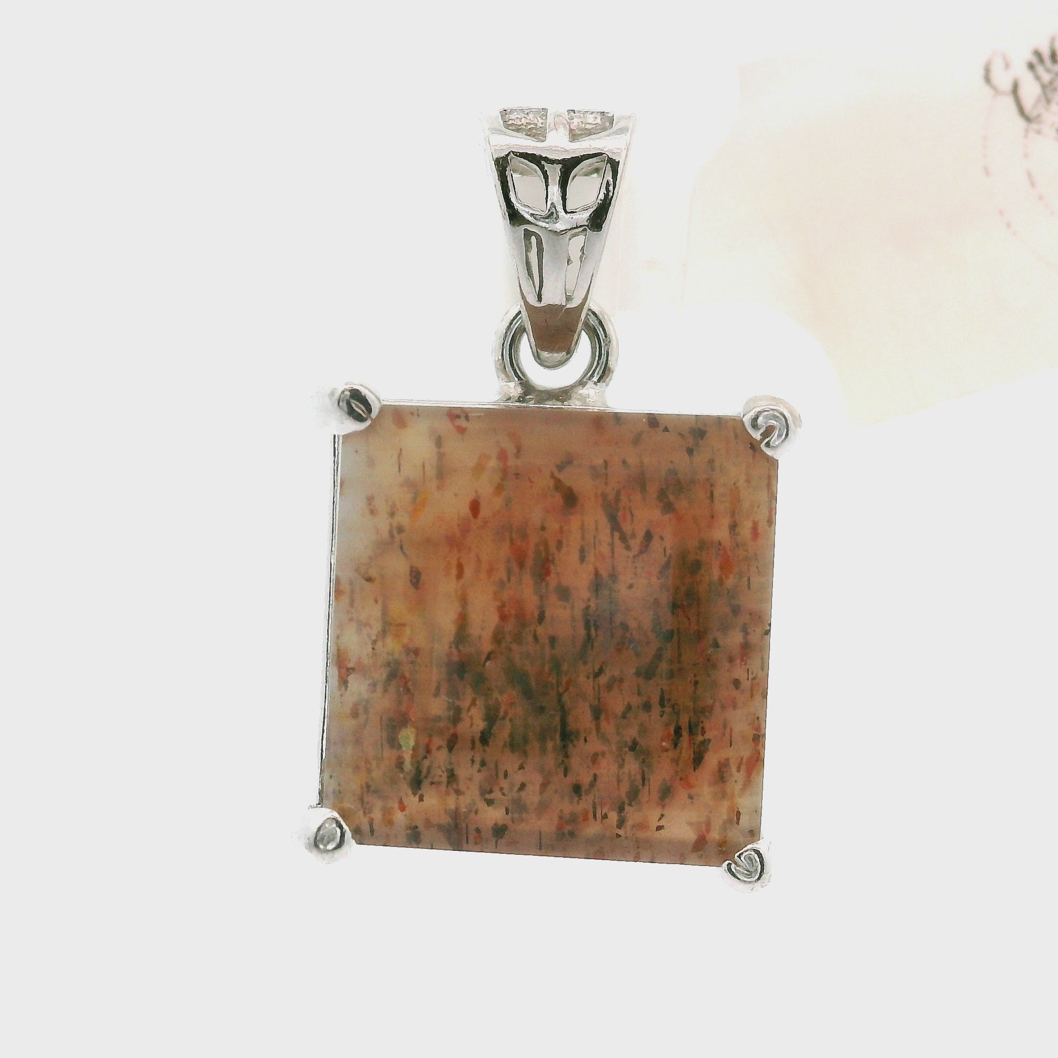 Black Moonstone with Sunstone Square Pendant .925 Silver for Confidence and Strength