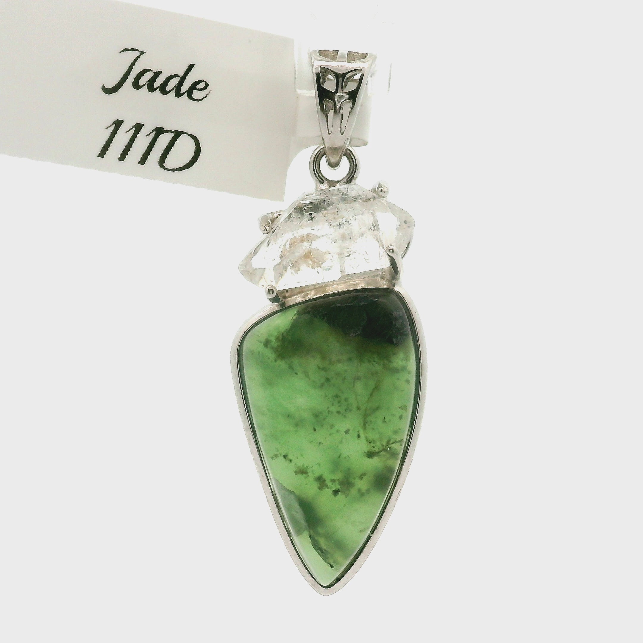 Jade and Herkimer Diamond Quartz Pendant .925 Silver for Abundance, Good Luck, Joy and Protection