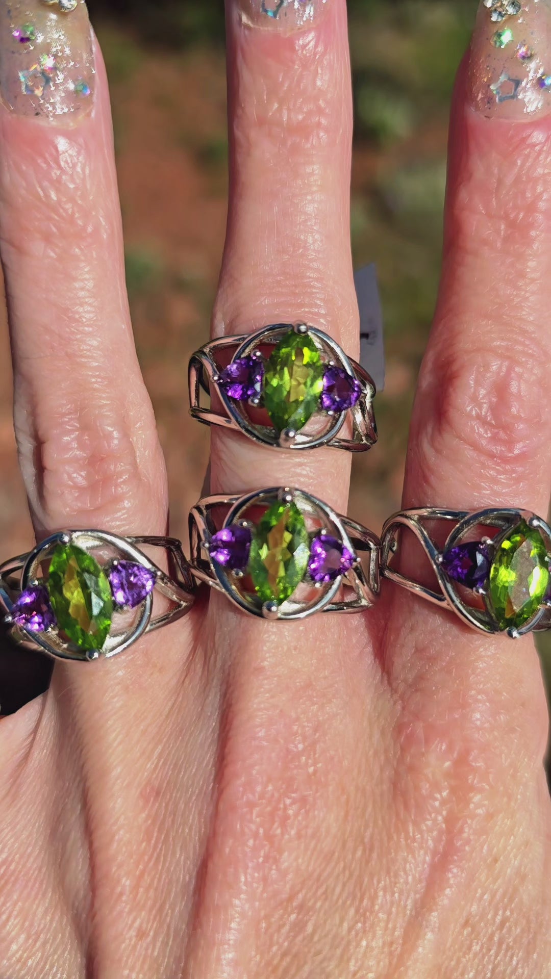 Peridot & Amethyst Marquis Cuff Ring .925 Silver for Intuivitely Manifesting Abundance