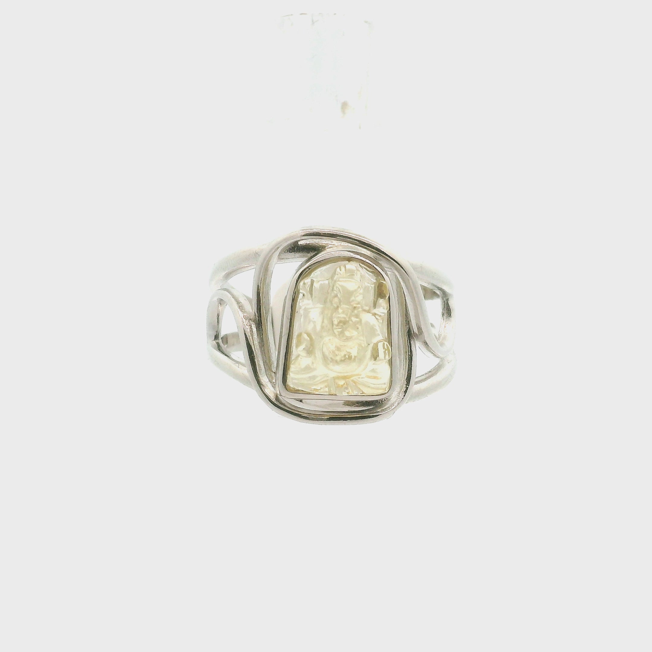 Yellow Scapolite Carved Ganesha Cuff Ring .925 Silver for Insight and Removing Obstacles