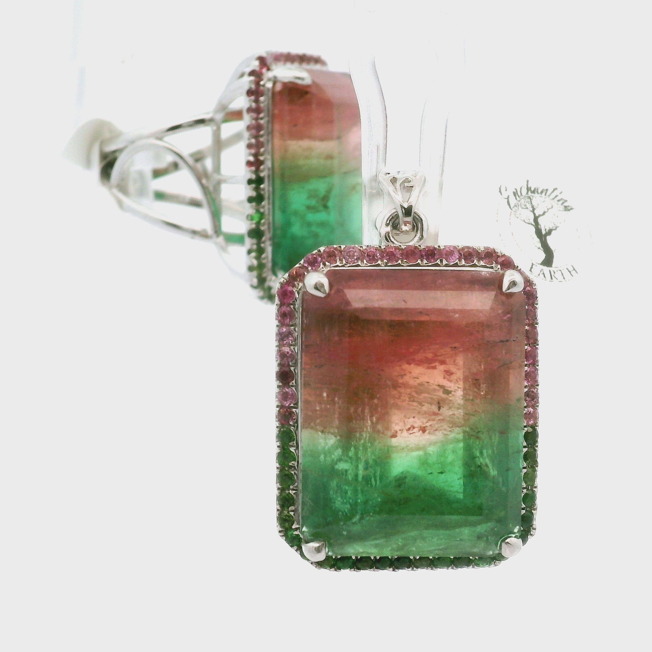 Watermelon Tourmaline Pavé Pendant and Ring Set .925 Silver for Meditation, Relationships and Happiness