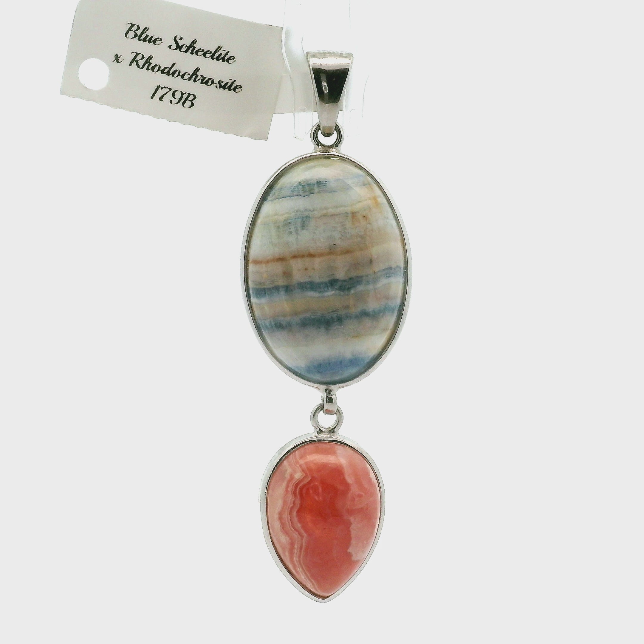 Blue Scheelite and Rhodochrosite Pendant .925 Silver for Peace of Mind, Sleep and Trauma Healing