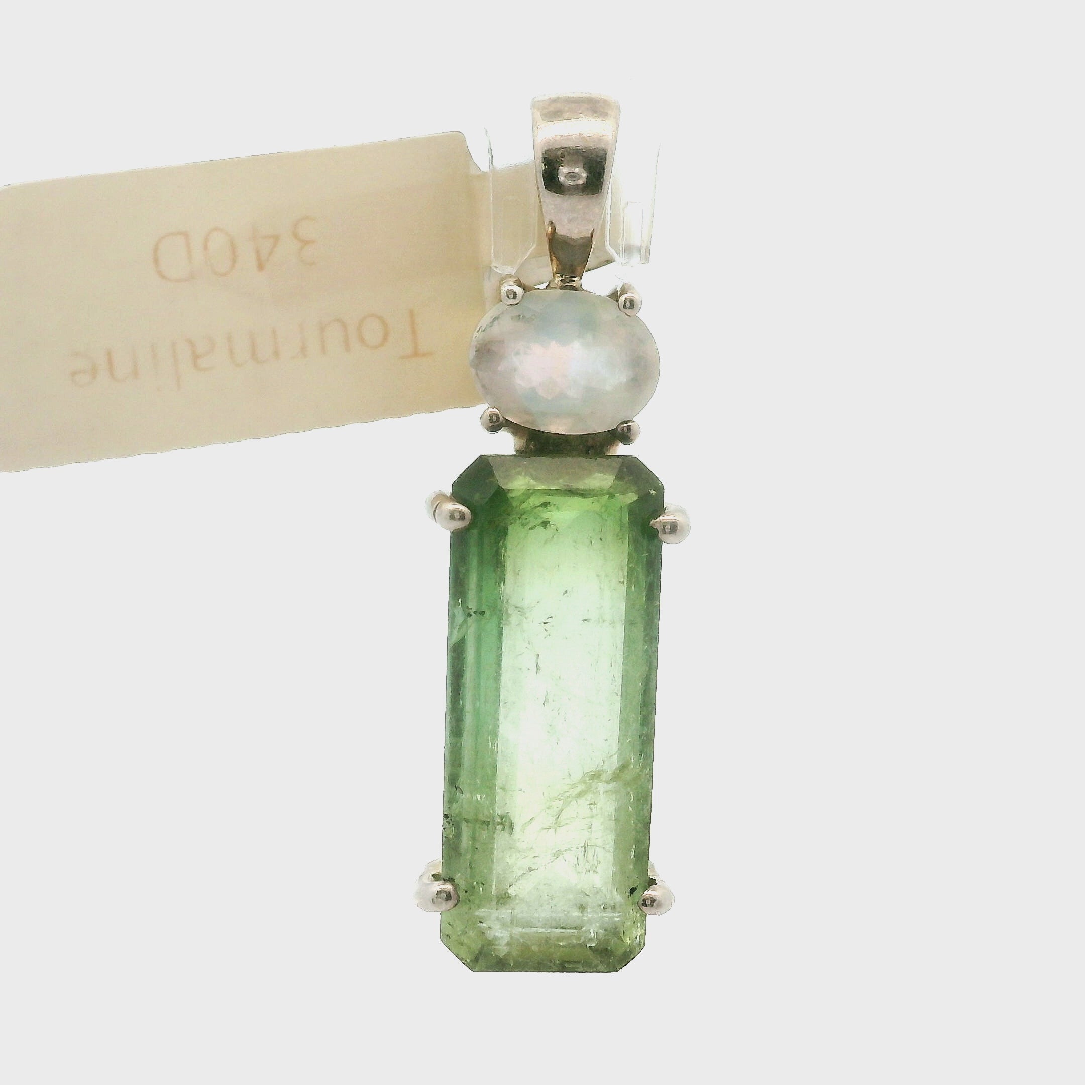 Green Tourmaline with Moonstone Pendant .925 Silver for Removing Insecurities, Helping Inspire Creativity and New Beginnings