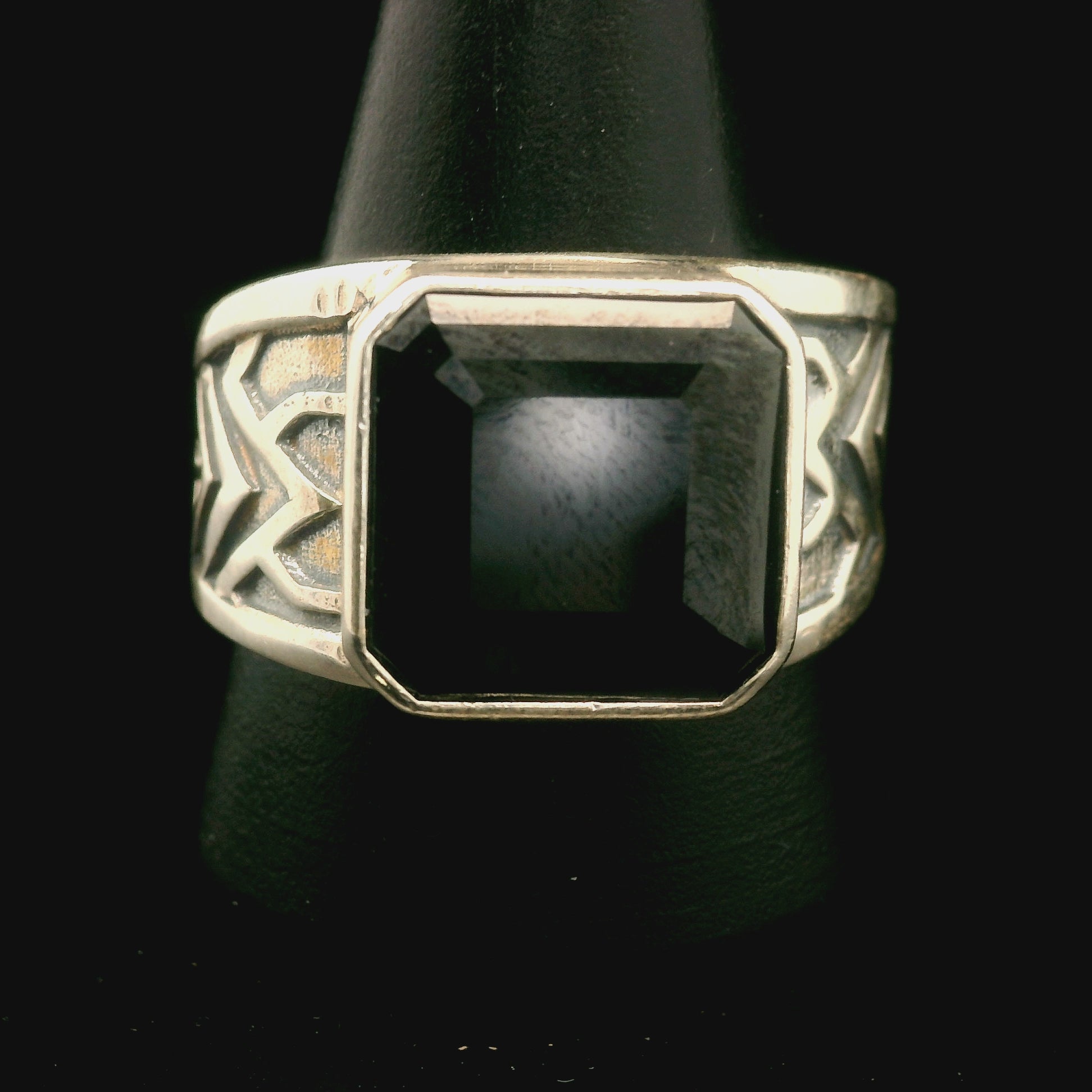 Black Spinel Tribal Cuff Ring .925 Silver for Empowerment, Grounding and Protection