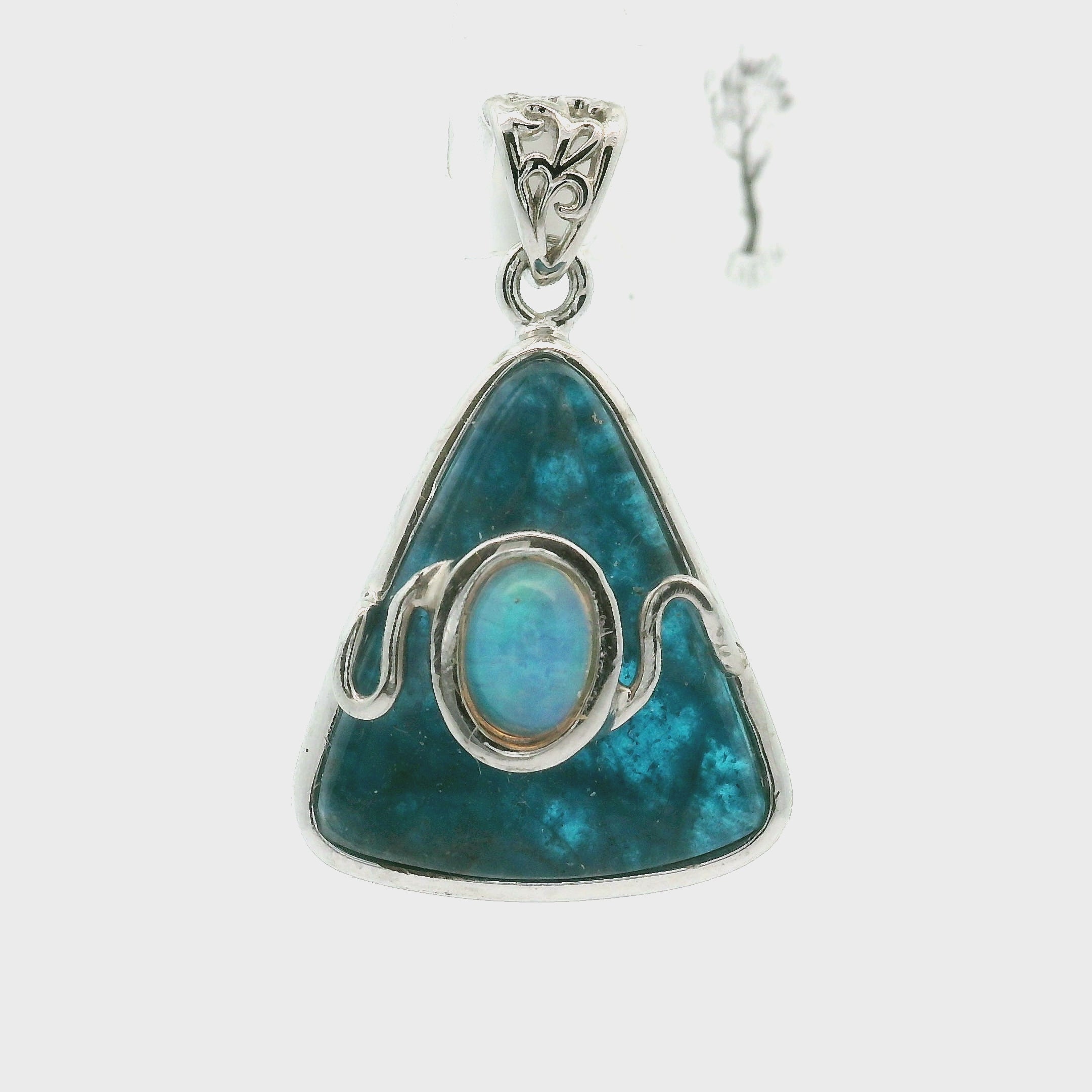 Blue Apatite with Opal Pendant .925 Silver for Communication with Higher Realms