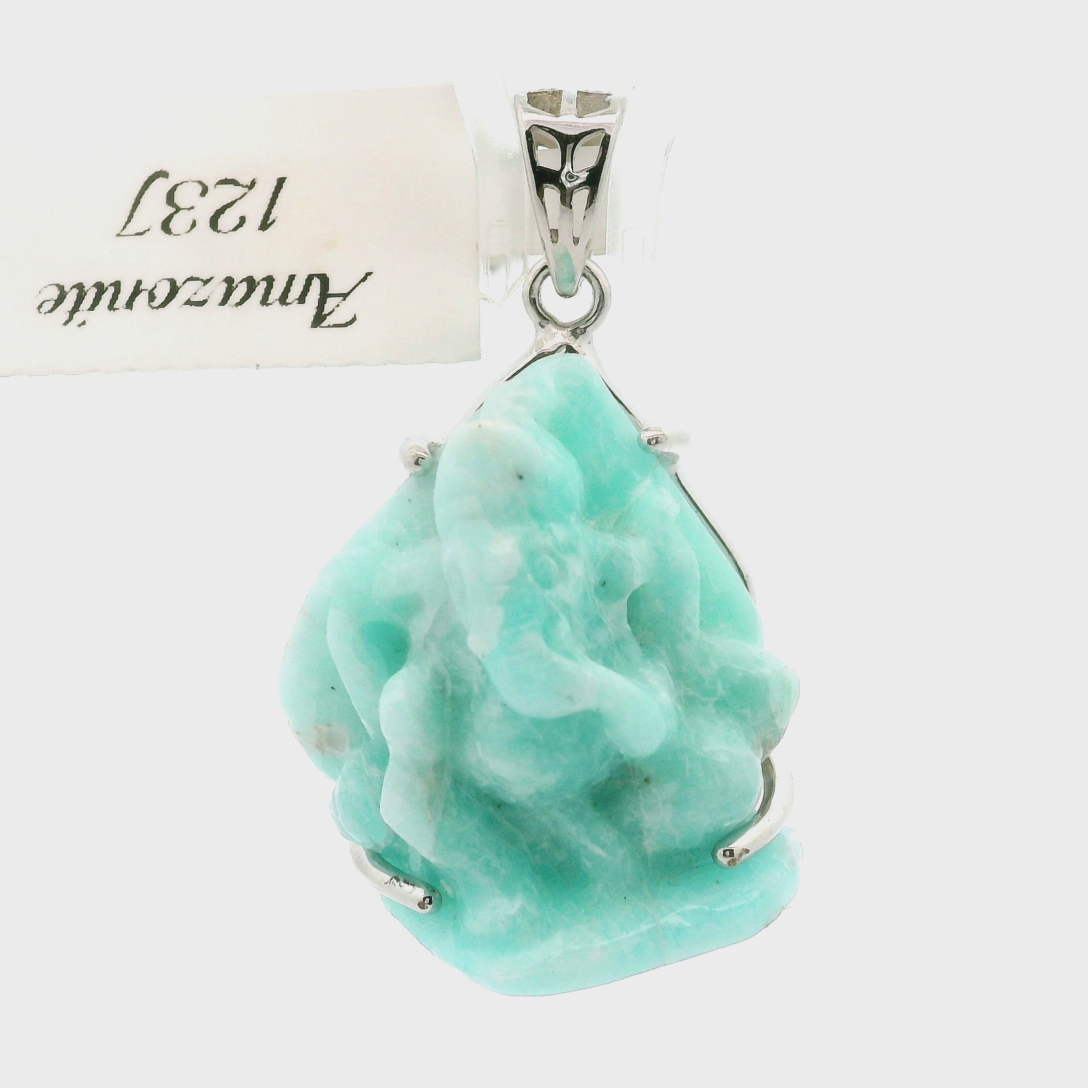 Amazonite Carved Ganesha Pendant .925 Silver for Communication, Harmony and Hope