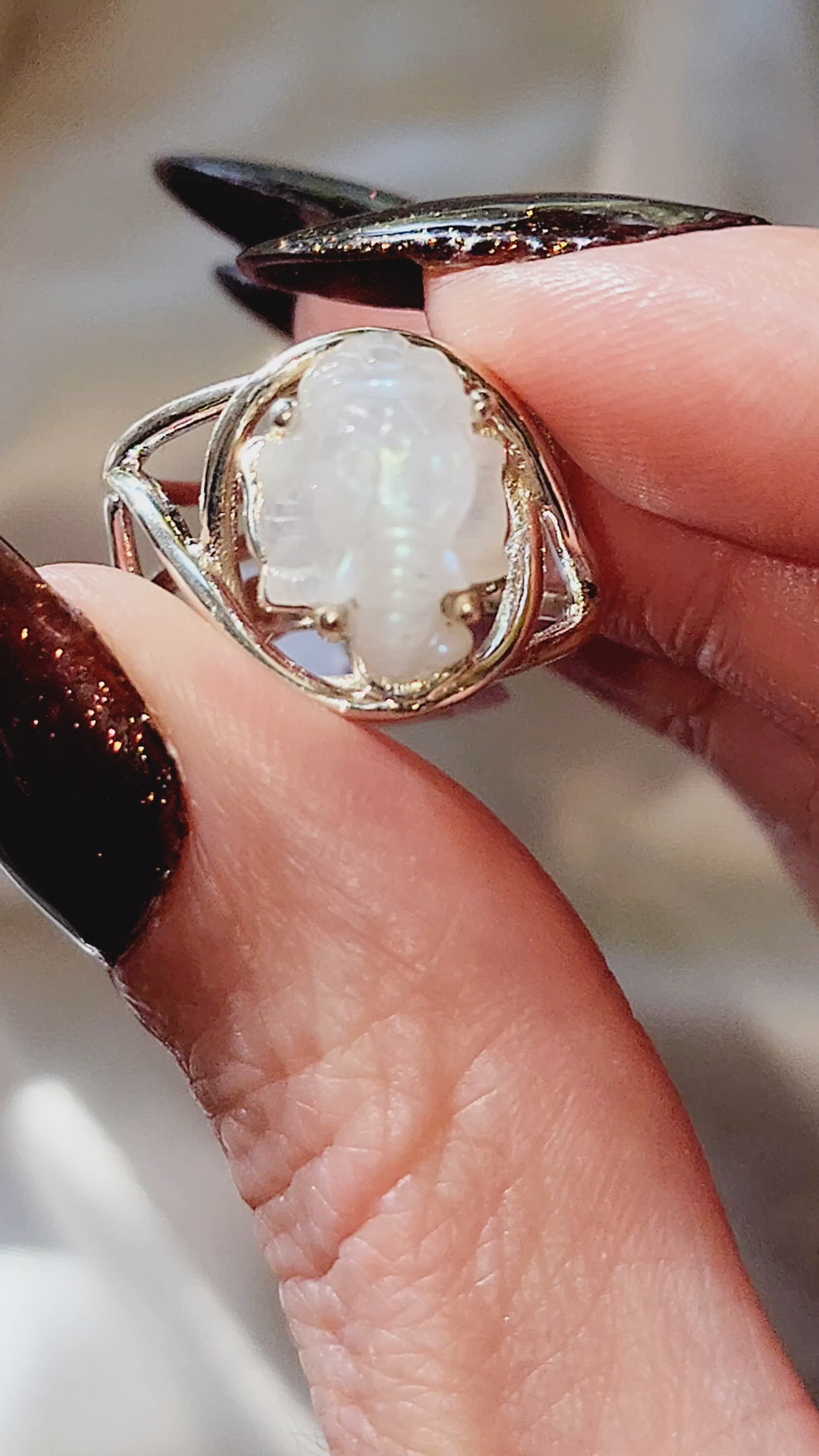 Rainbow Moonstone Ganesha Finger Cuff Adjustable Ring .925 Sterling Silver for New Beginnings & Clearing Blockages