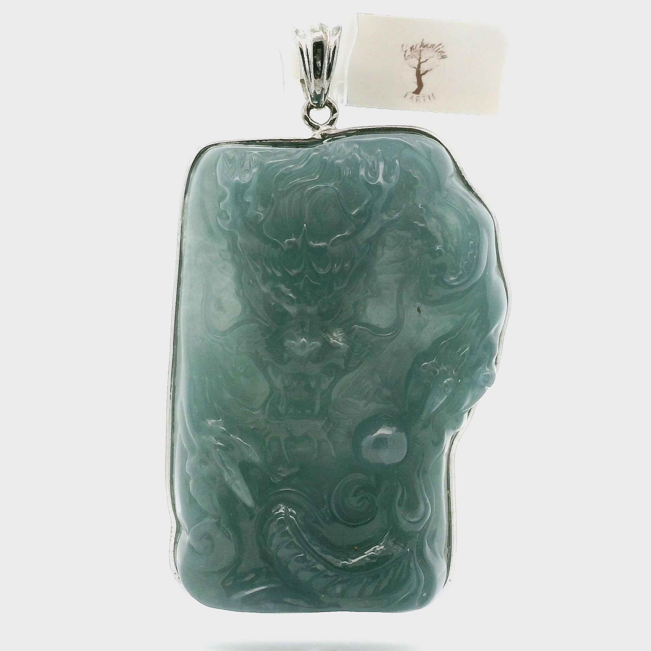 Blue Jade Carved Dragon Large Pendants .925 Silver for Abundance, Good Luck, Joy and Protection