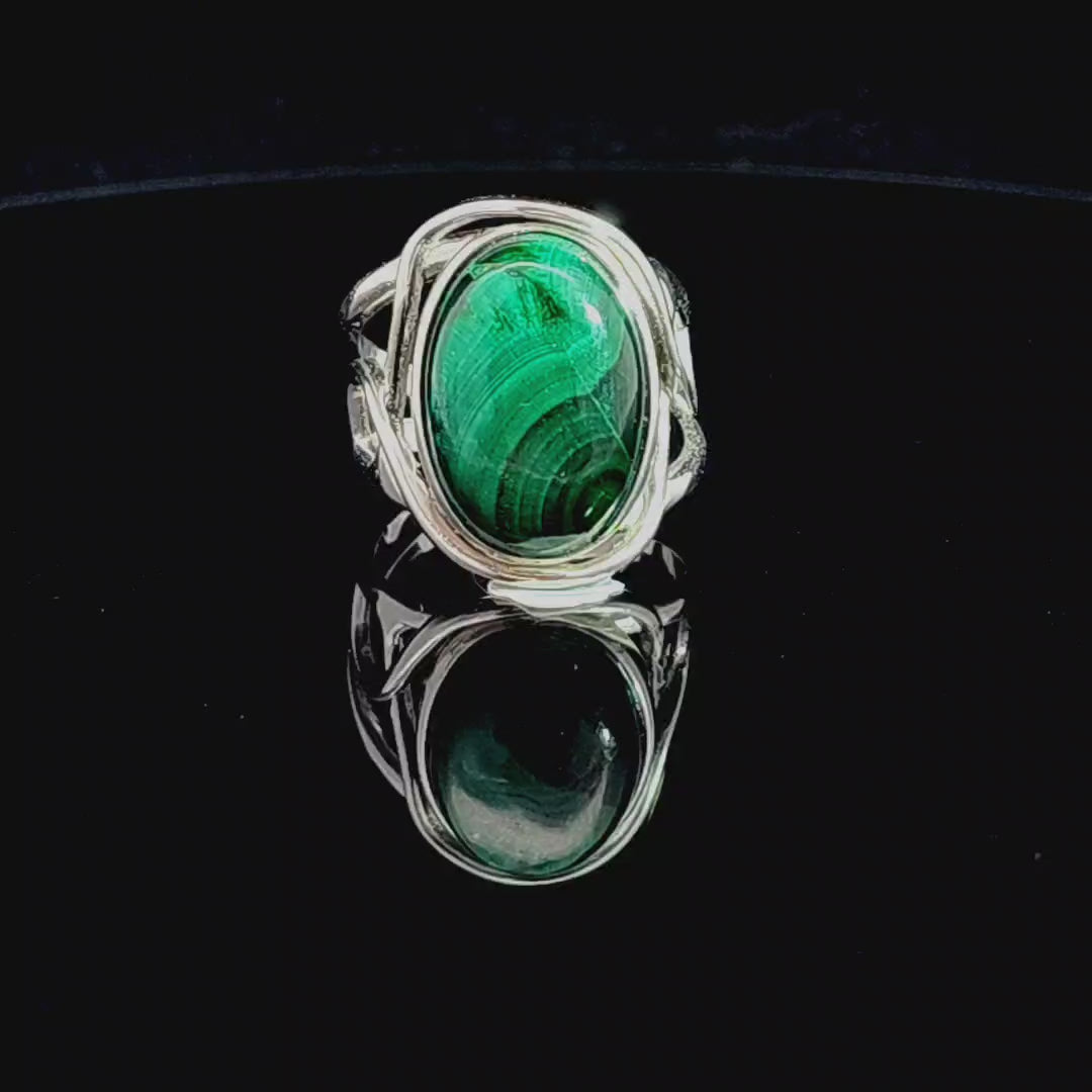 Malachite Finger Cuff Adjustable Ring .925 Silver for Abundance, Luck and Transformation