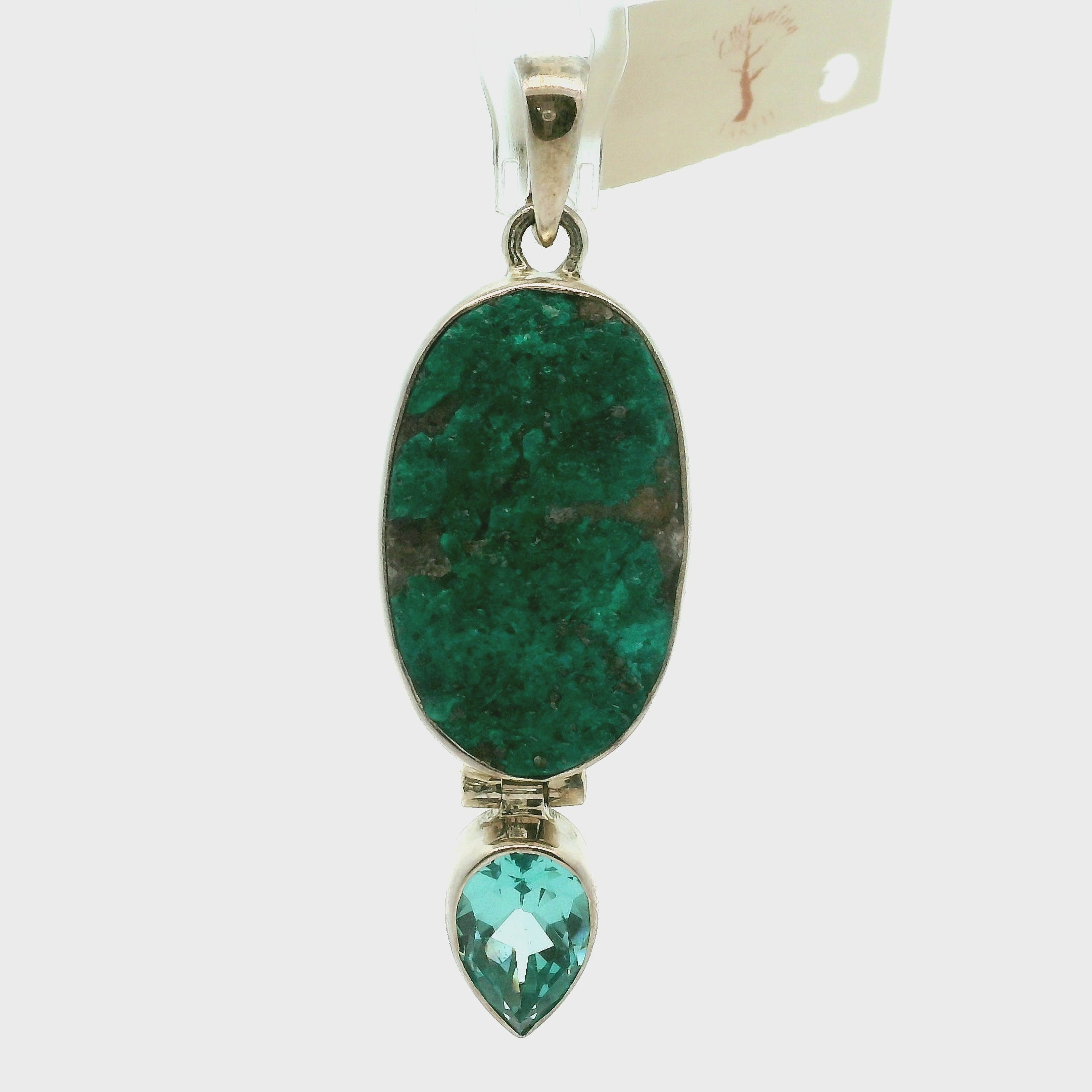 Druzy Raw Dioptase with Aqua Aura Quartz Pendant .925 Silver for Grief, Depression and Anxiety