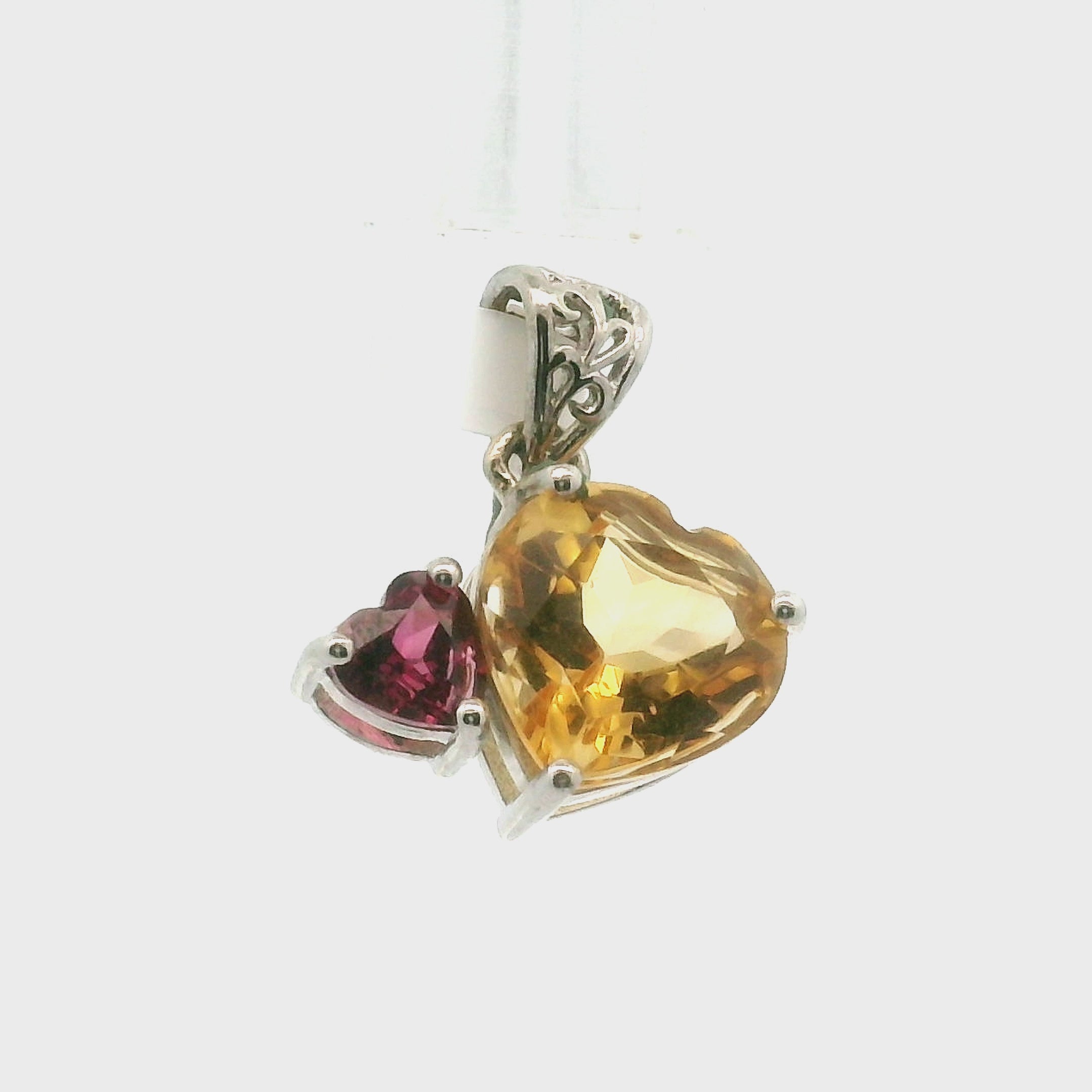 Citrine and Rhodolite Quartz Double Heart Pendant .925 Silver for Abundance and Emotional Healing