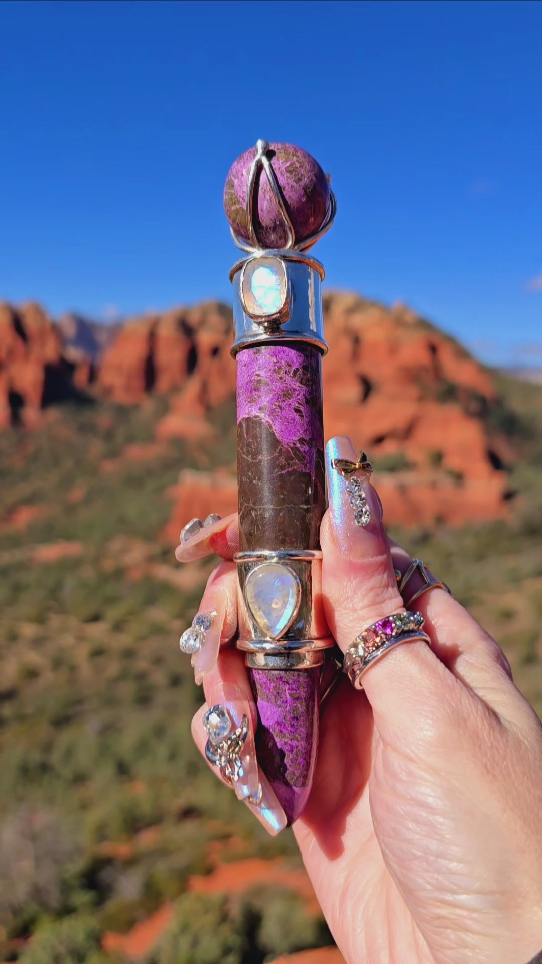 One of a Kind Collector Wand ~ Atlantisite with Rainbow Moonstone Gemstones for Chakra Alignment and Kundalini Awakening