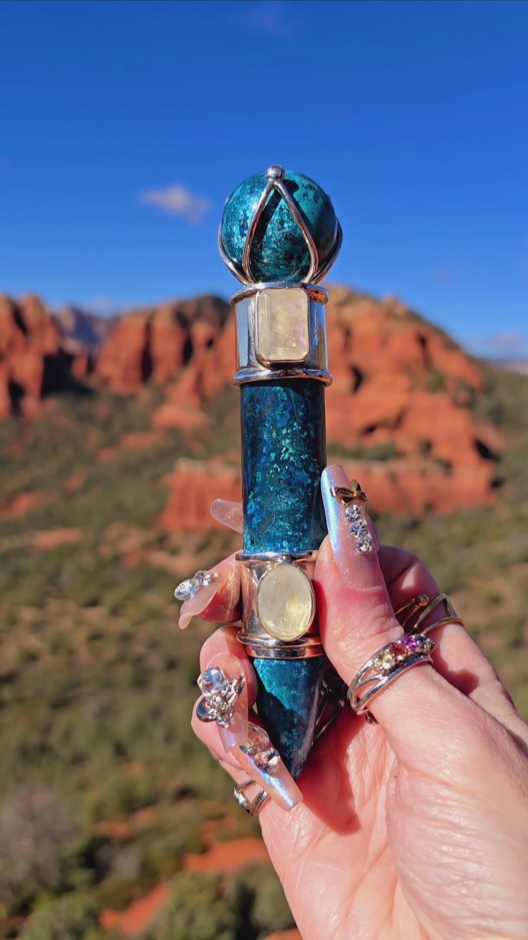 One of a Kind Collector Wand ~ Shattuckite with Rainbow Moonstone Gemstones for Clear Vision, Truth and New Beginnings