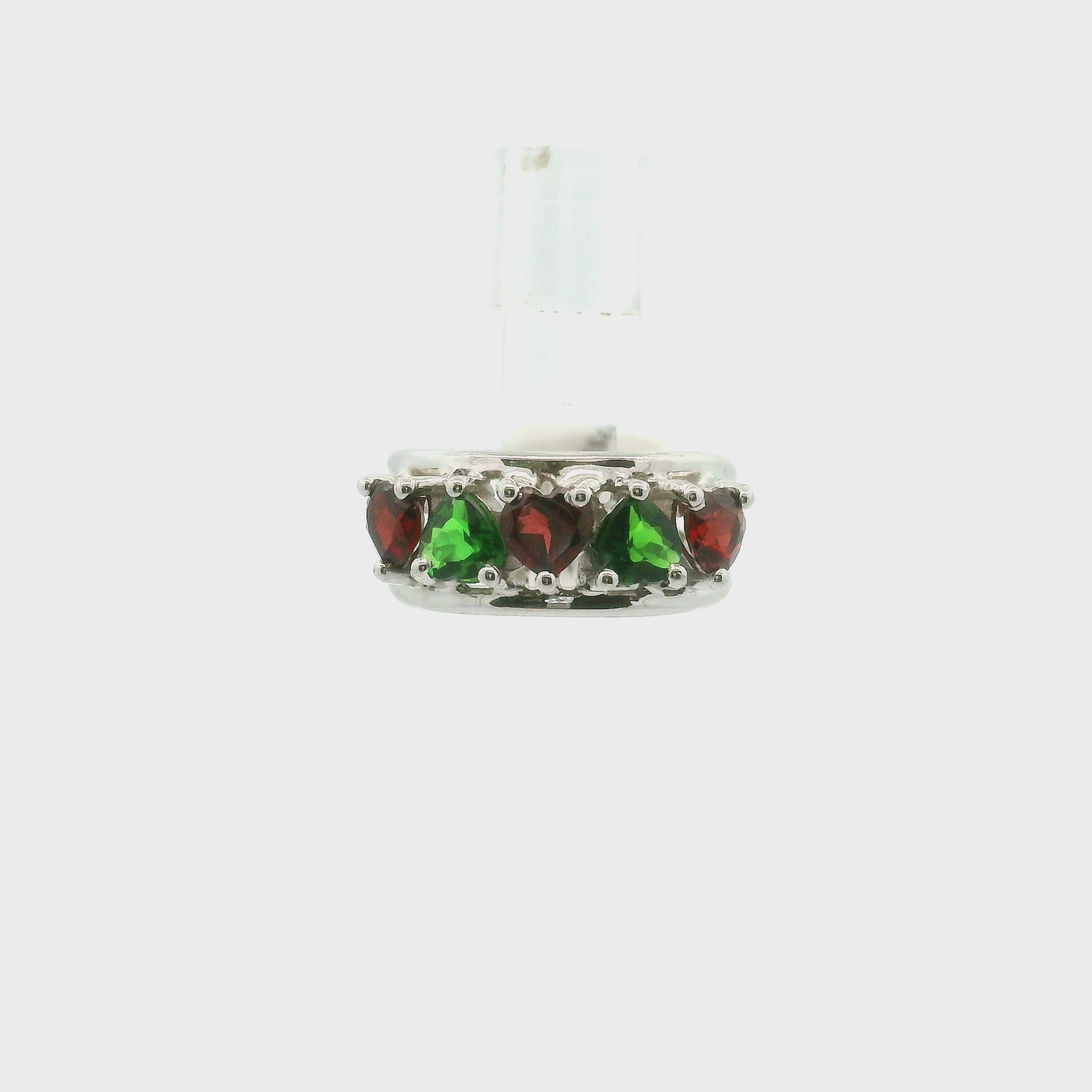 Chrome Diopside and Garnet Hearts Stacker Cuff Ring .925 Sterling Silver for Abundance, Growth, Healing and Manifestation