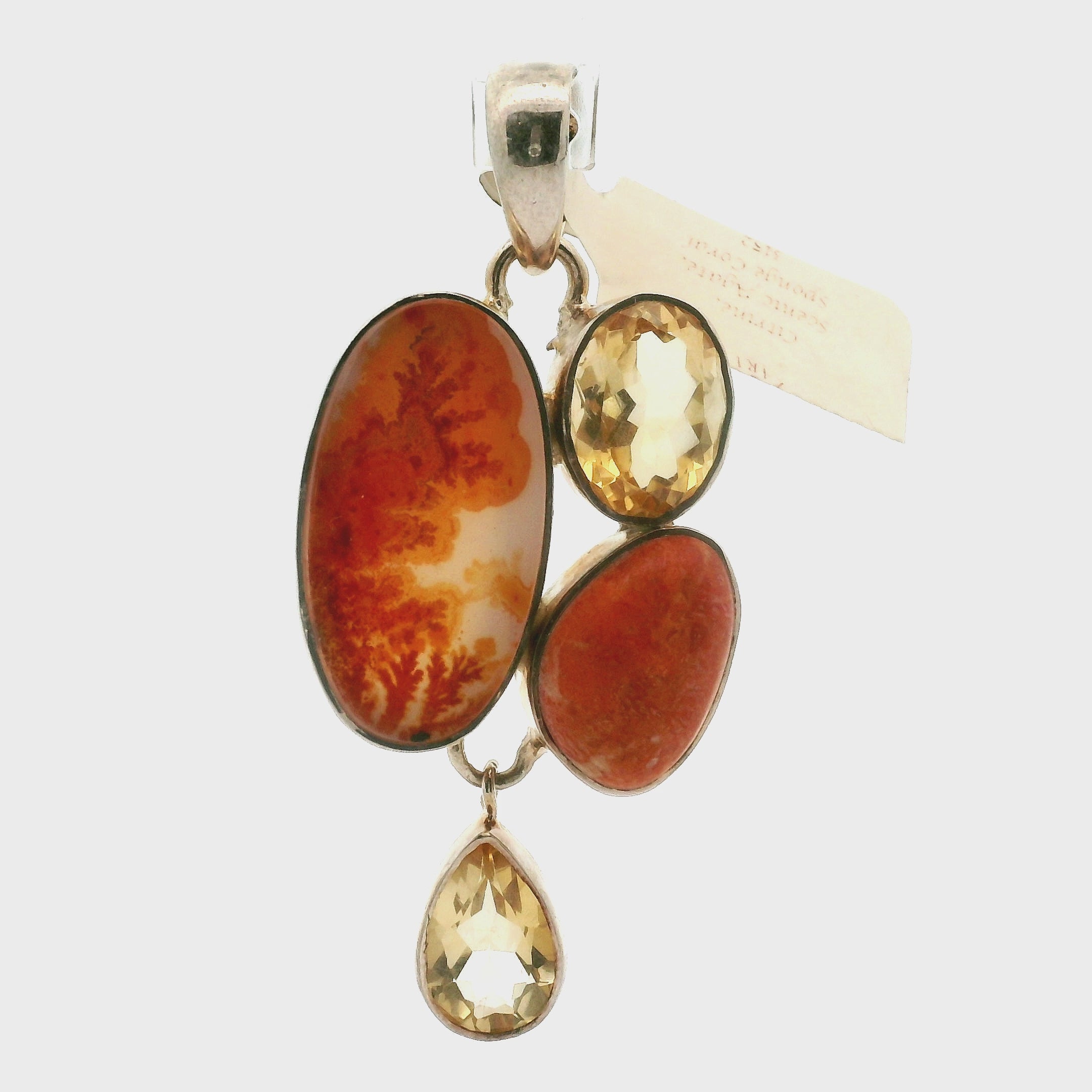 Citrine, Agate and Sponge Coral Pendant .925 Silver for Abundance, Prosperity and Protection