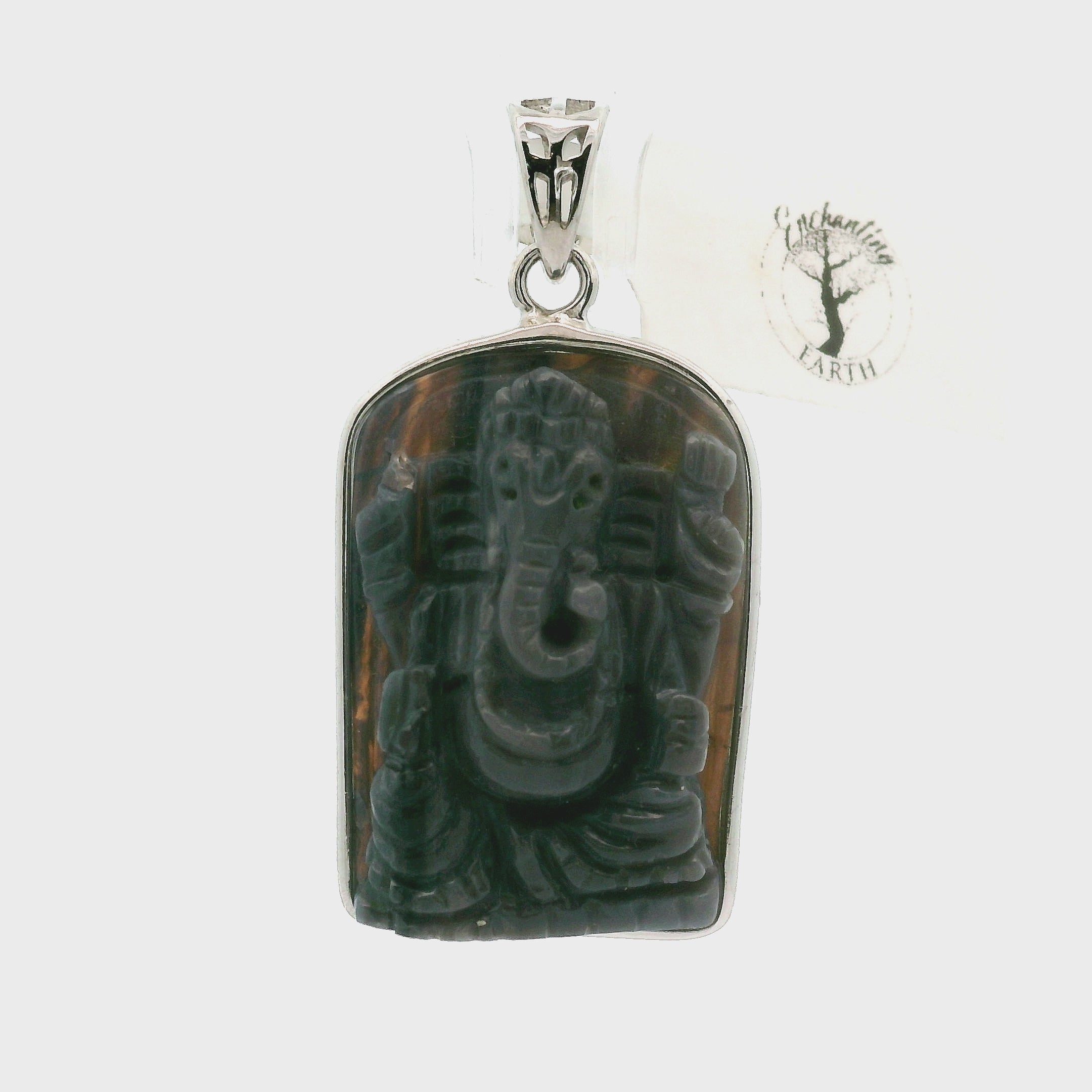 Black Opal Carved Ganesha Pendant .925 Silver for Good Luck, Protection and Joy