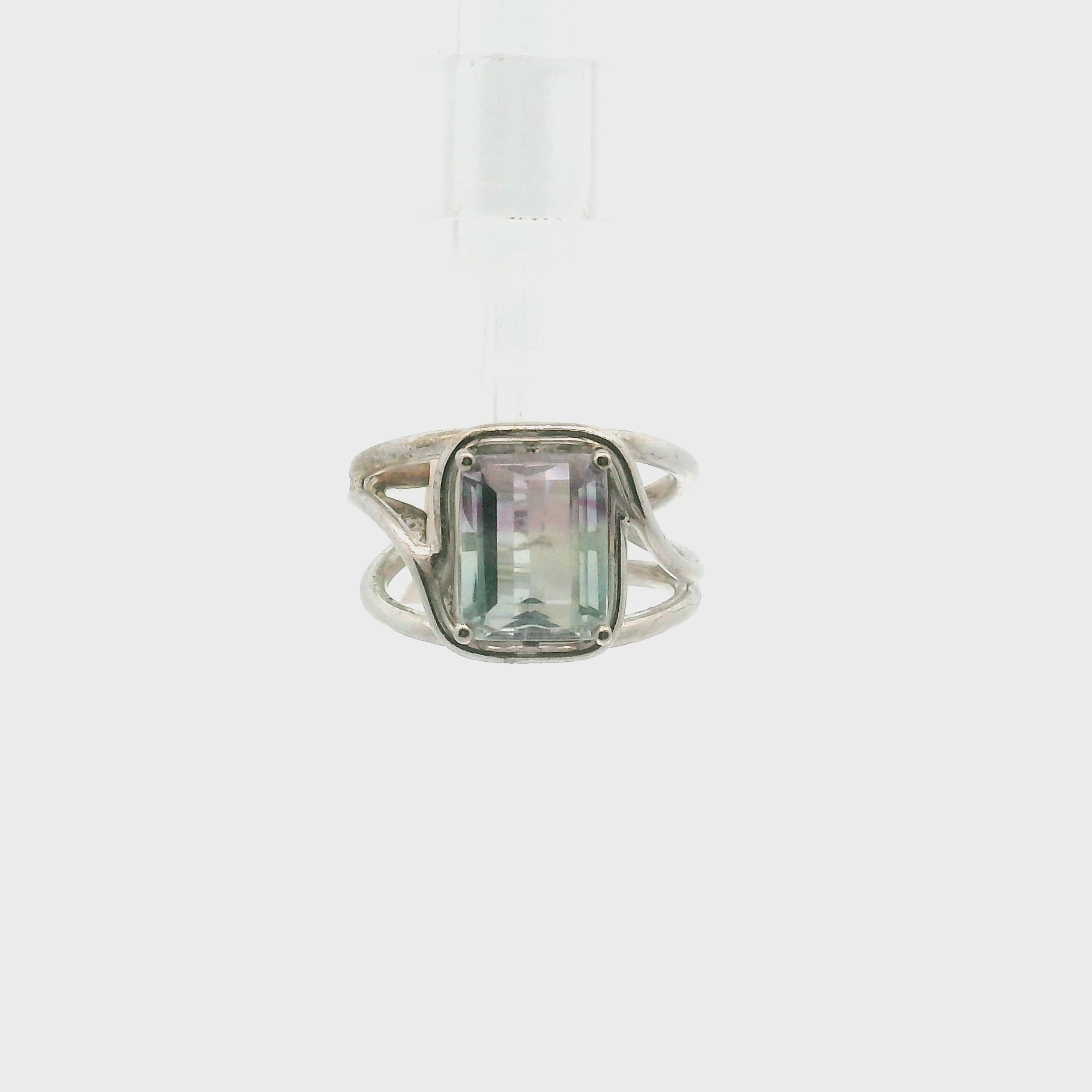 Rainbow Fluorite Emerald Cut Cuff Rings .925 Silver for Clearing Energy Fields and Focusing on your Goals