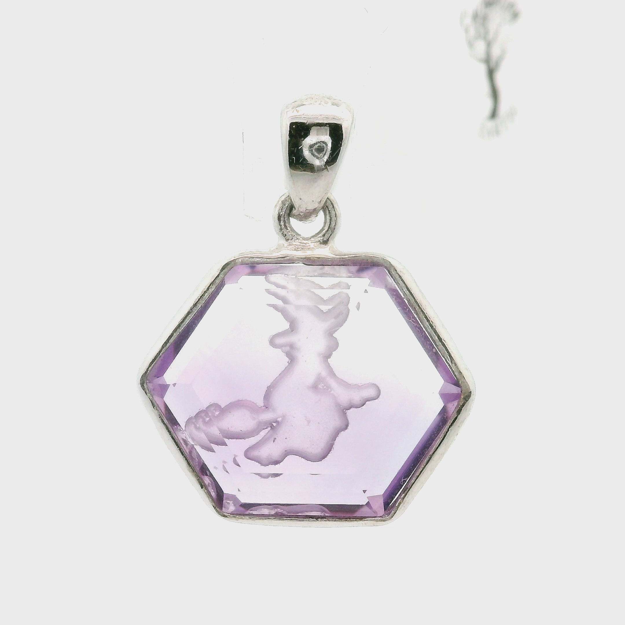 Witch Engraved Hexagon Pendant .925 Silver for Magic and Transformation