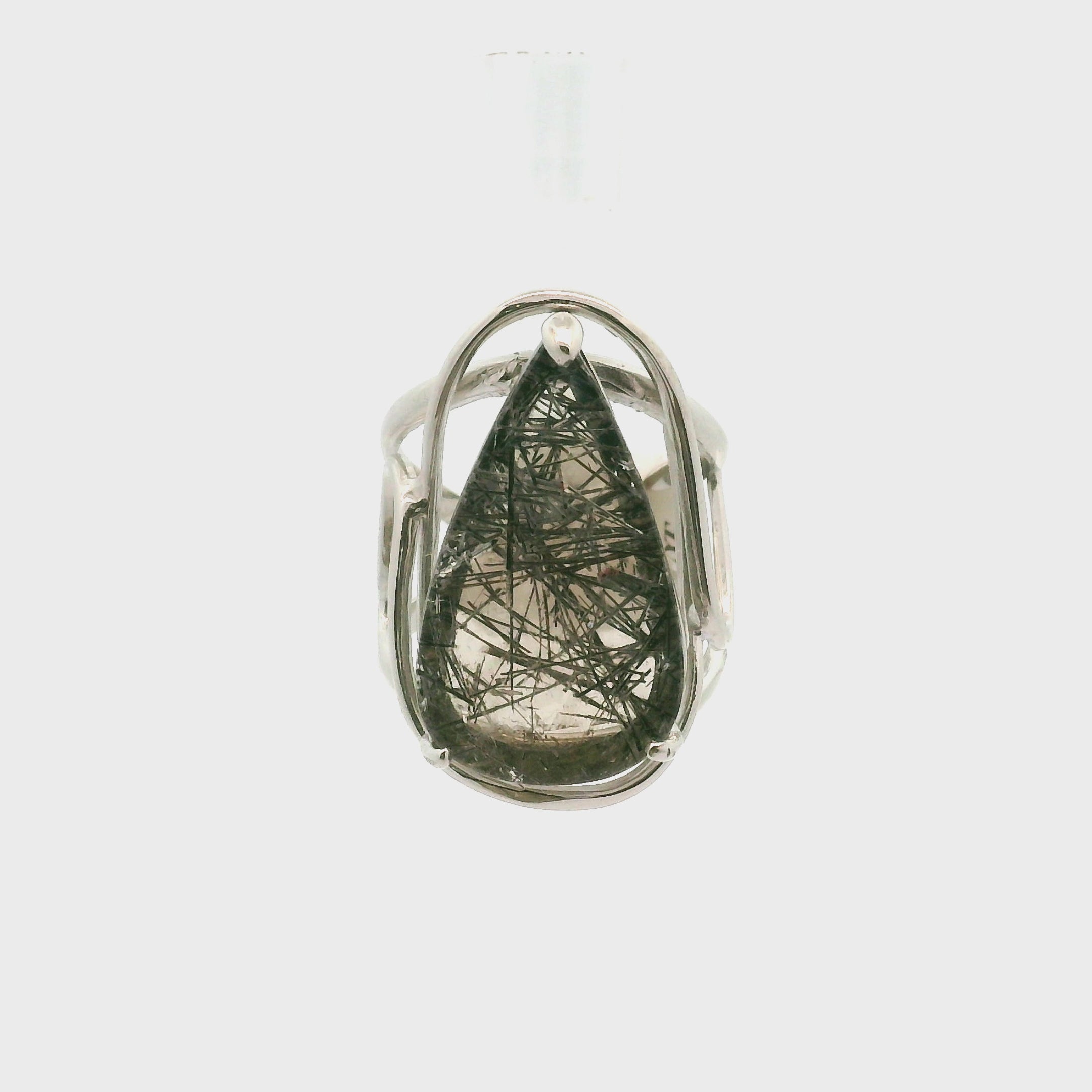 Black Tourmaline in Quartz Cuff Ring .925 Sterling Silver for Powerful Protection and Aura Cleansing