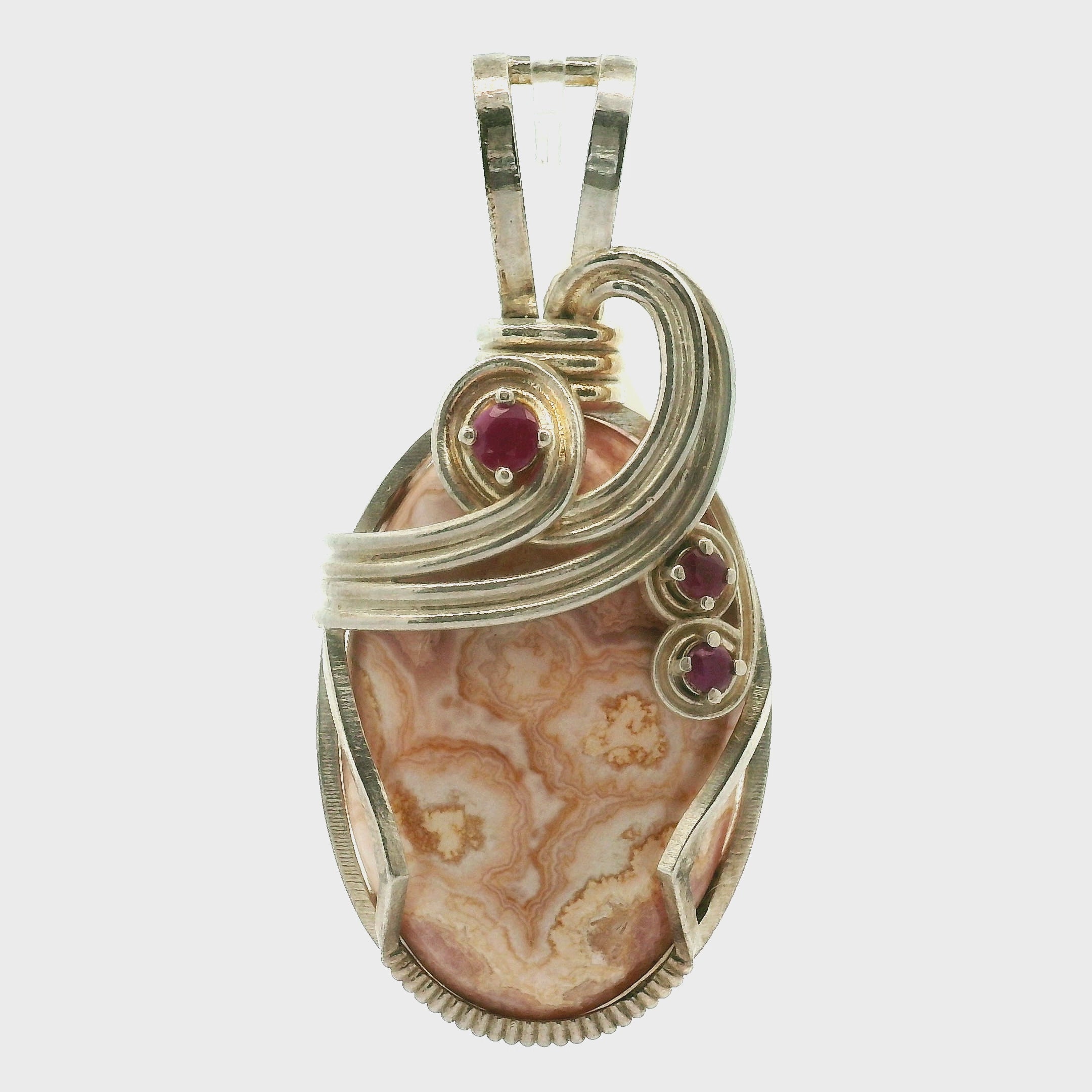 Rhodochrosite with Ruby Pendant .925 Silver for Emotional Strength and Trauma Healing