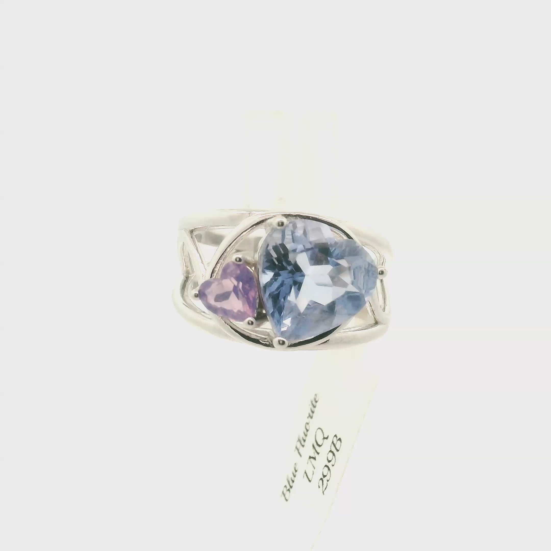 Blue Fluorite and Lavender Moon Quartz Double Heart Cuff Ring .925 Silver for Clarity and Focus