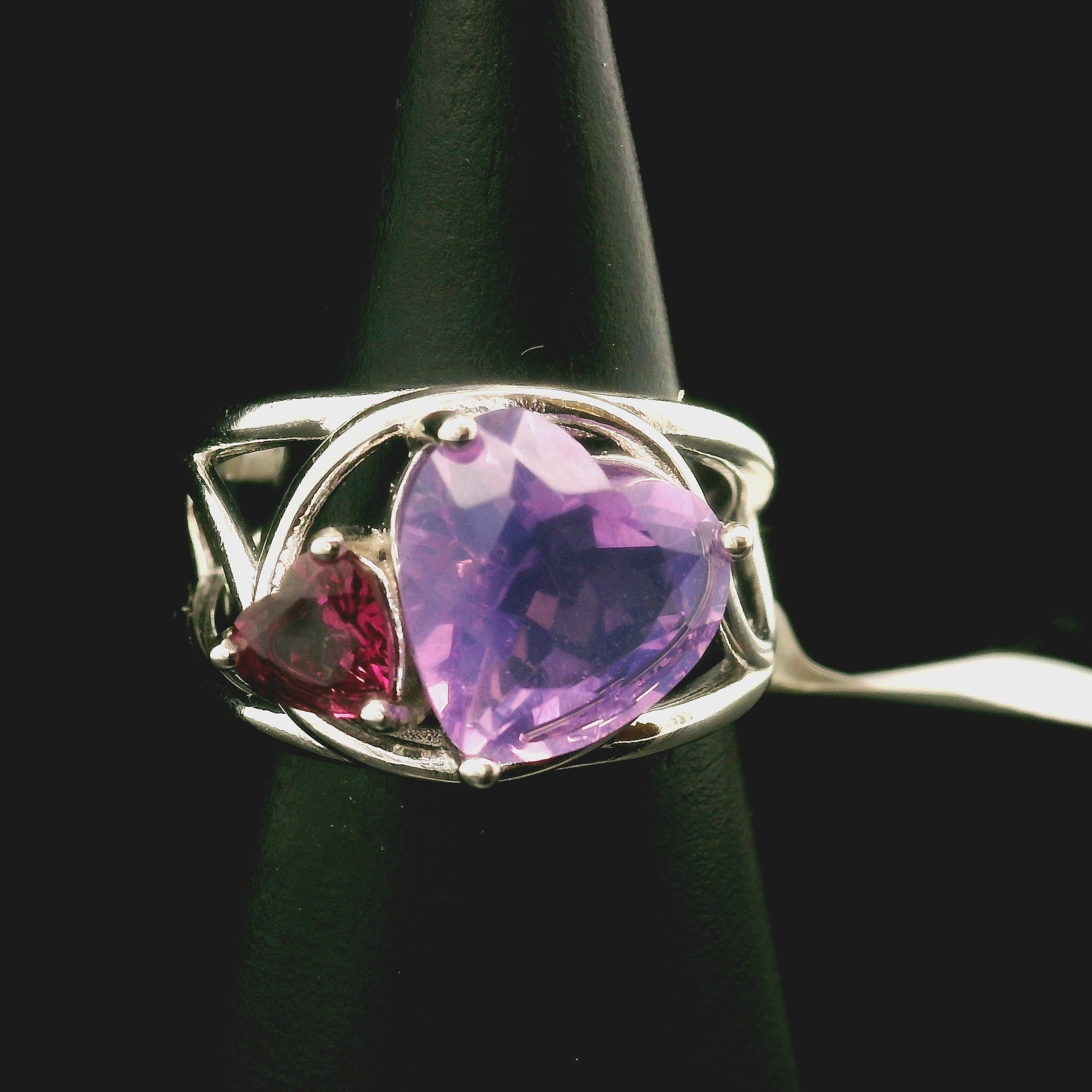 Lavender Moon Quartz & Garnet Heart Cuff Ring .925 Silver for Angelic Wisdom