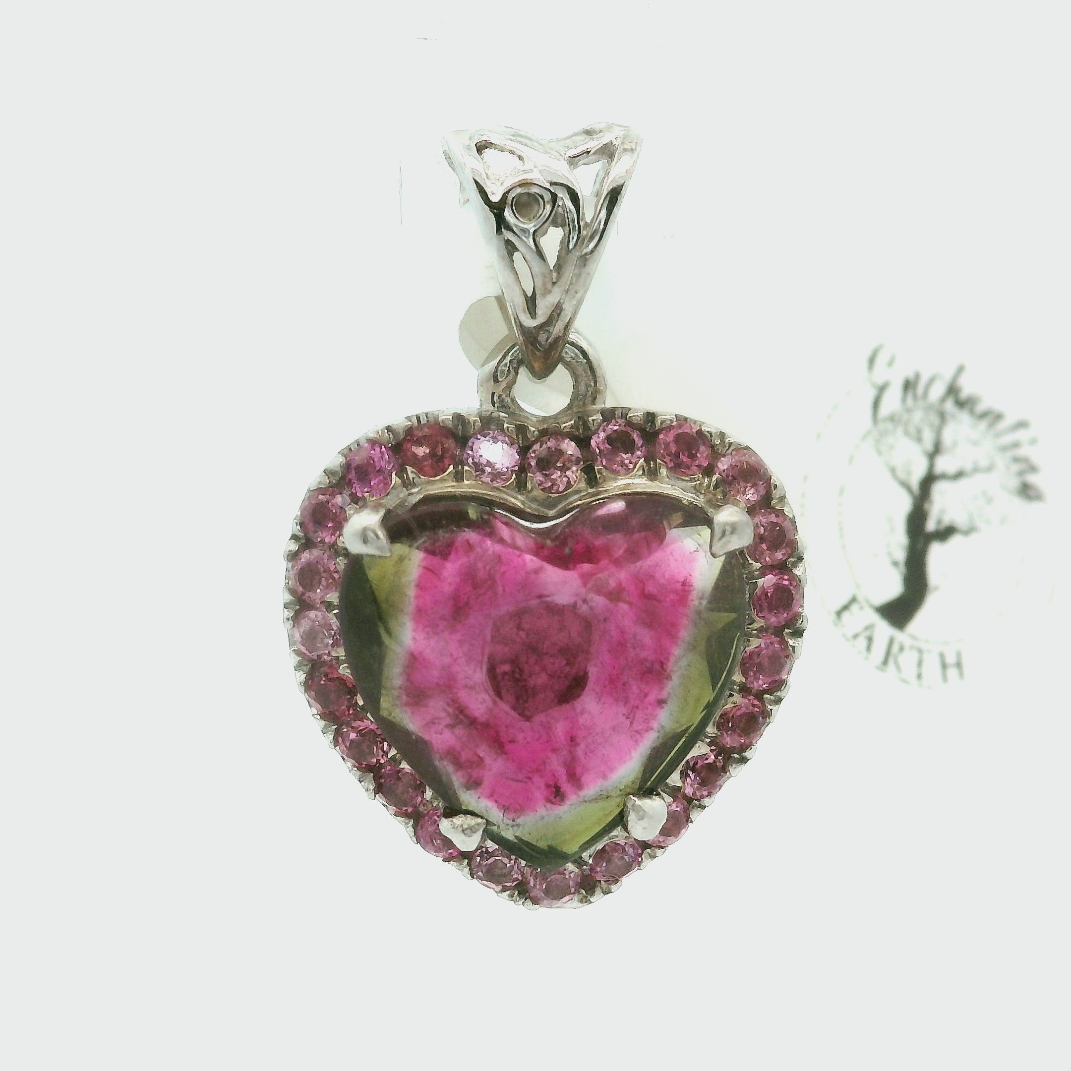 Watermelon Tourmaline with Pink Tourmaline Heart Pavé Pendant .925 Silver for Passion for Life and Emotional Healing