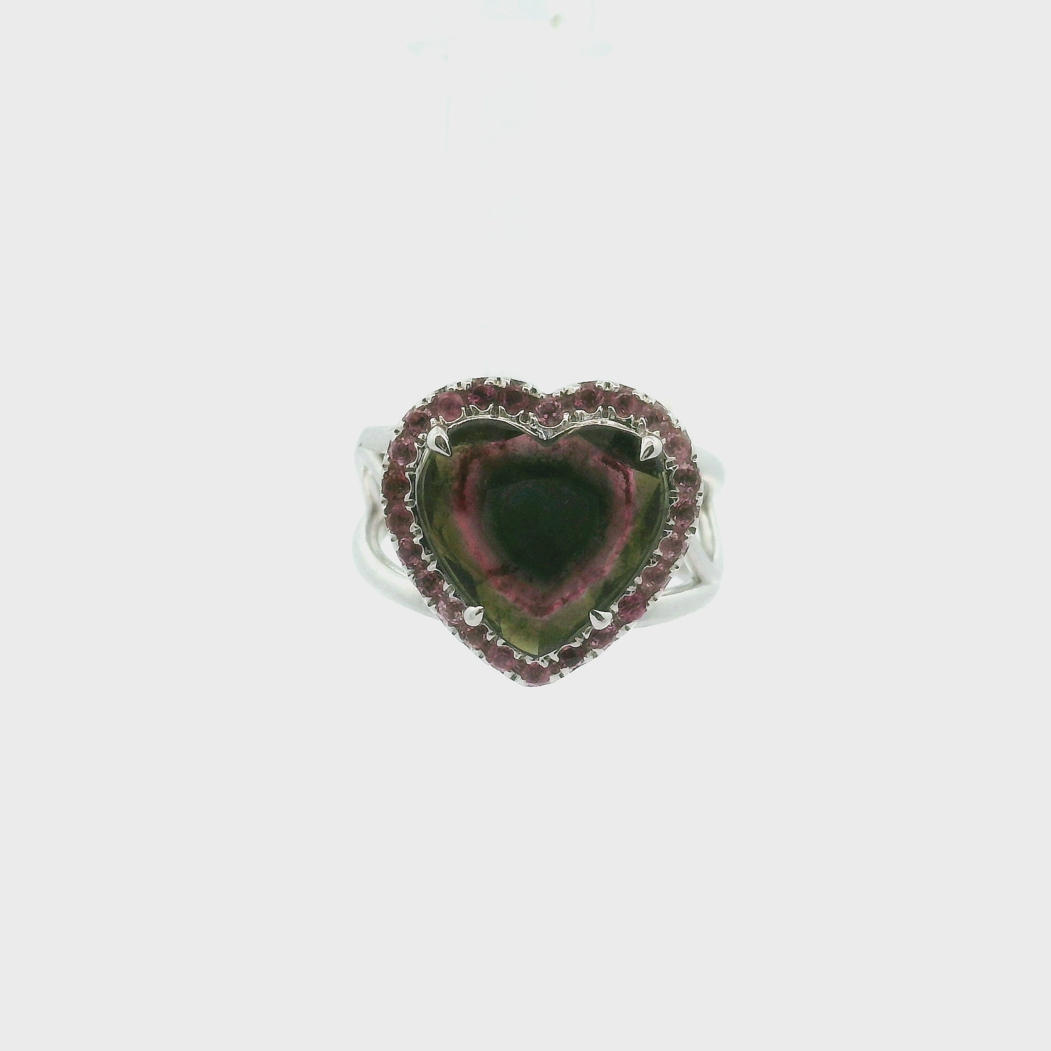 Watermelon Tourmaline with Pink Tourmaline Heart Pavé Ring .925 Silver for Passion for Life and Emotional Healing