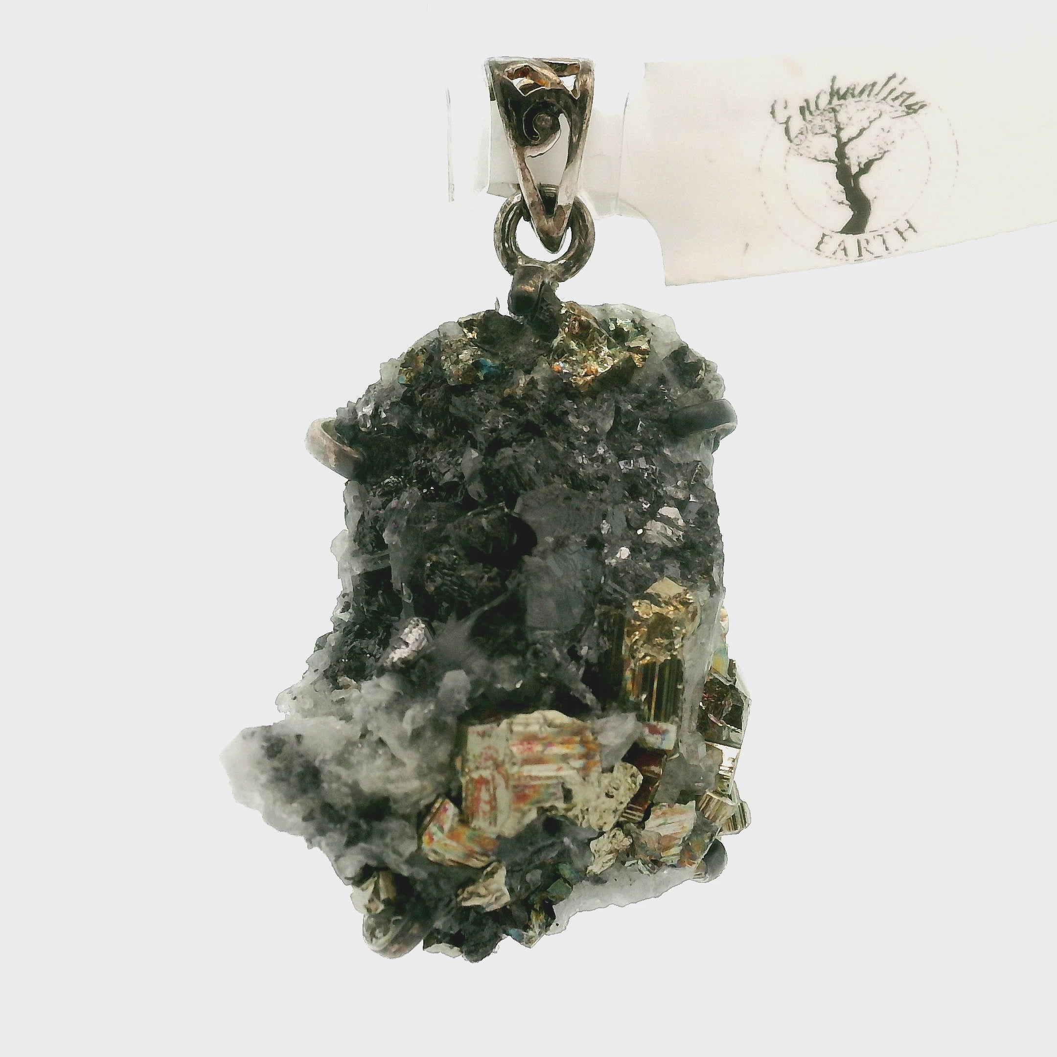 Pyrite Galena Quartz Pendant .925 Silver for Luck & Manifestation
