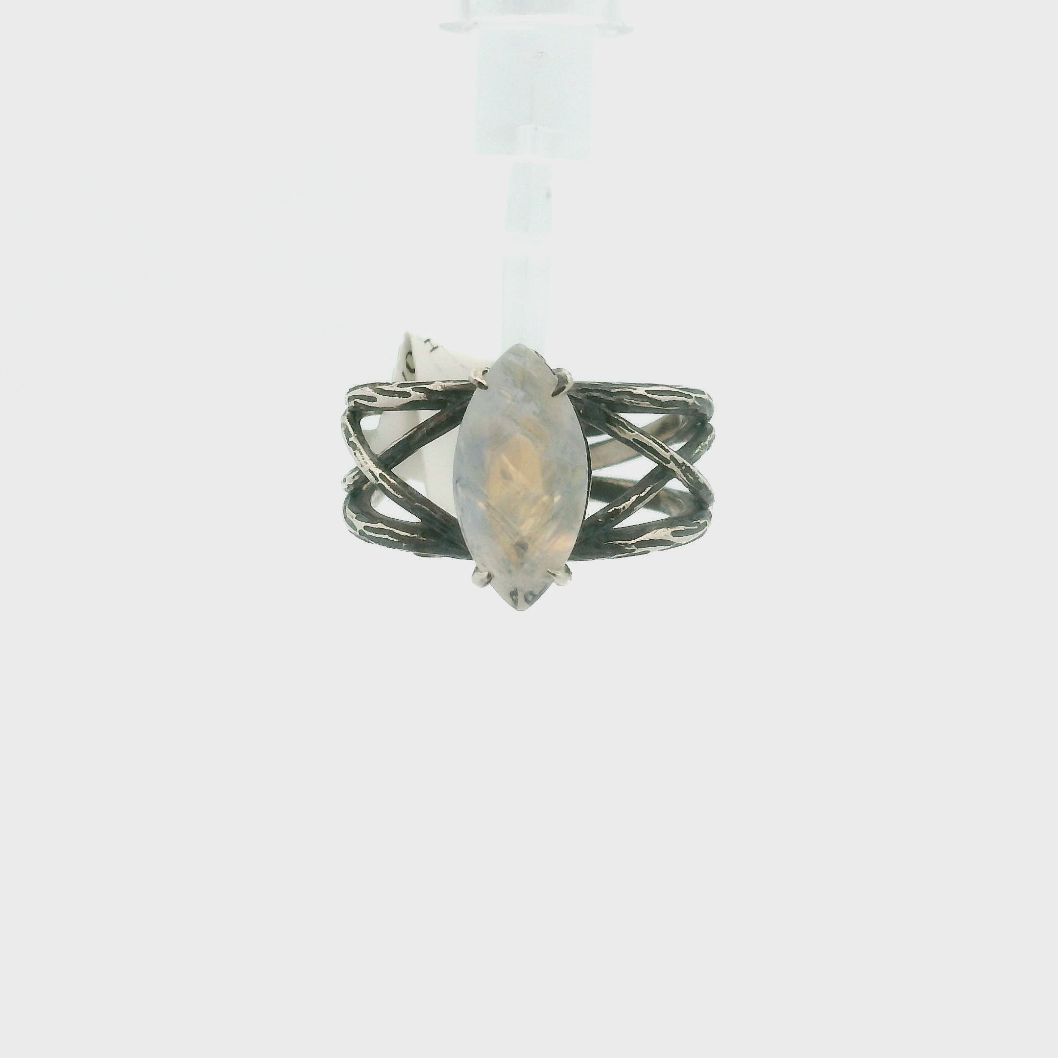 Rainbow Moonstone Marquise Bad Witch Cuff Ring .925 Silver for Protection, Manifestation and Divine Feminine Energy