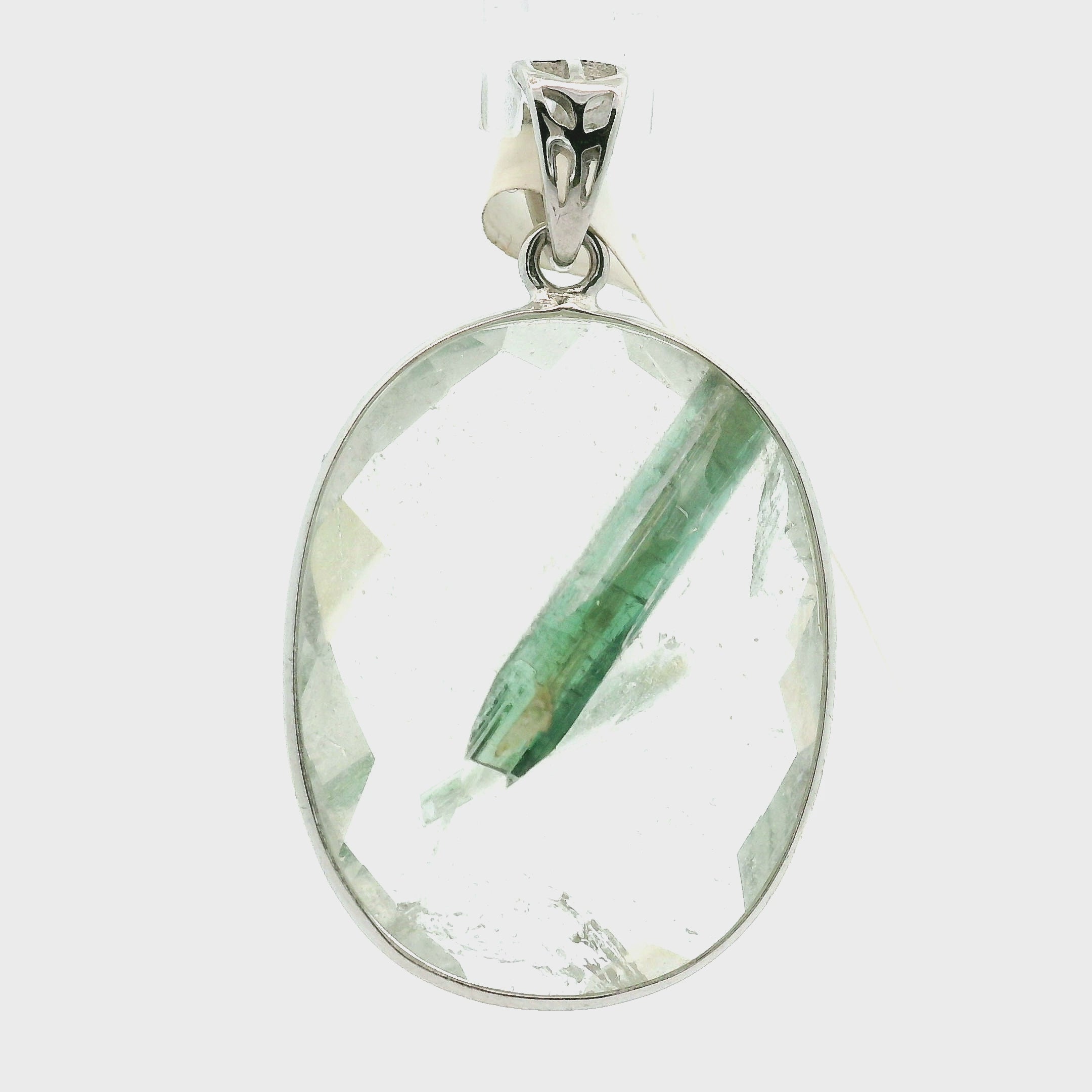 Green Tourmaline in Quartz Pendant .925 Sterling Silver for Emotional Healing, Kindness and Joy